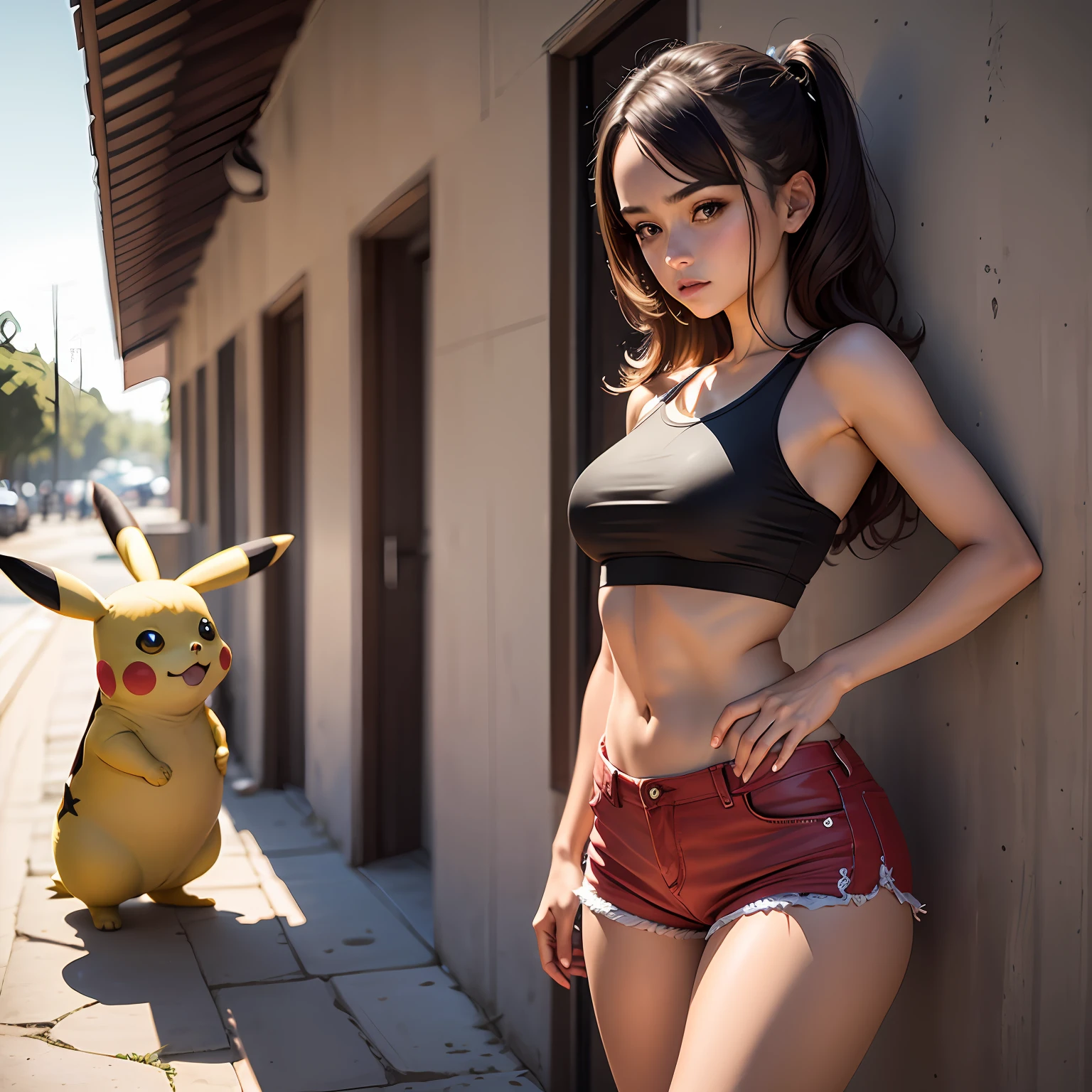 1girl, entre seios, crop top, decote, pikachu, shorts,sem calcinha, obra-prima, melhor qualidade, altamente detalhado, pernas grossas e aberta