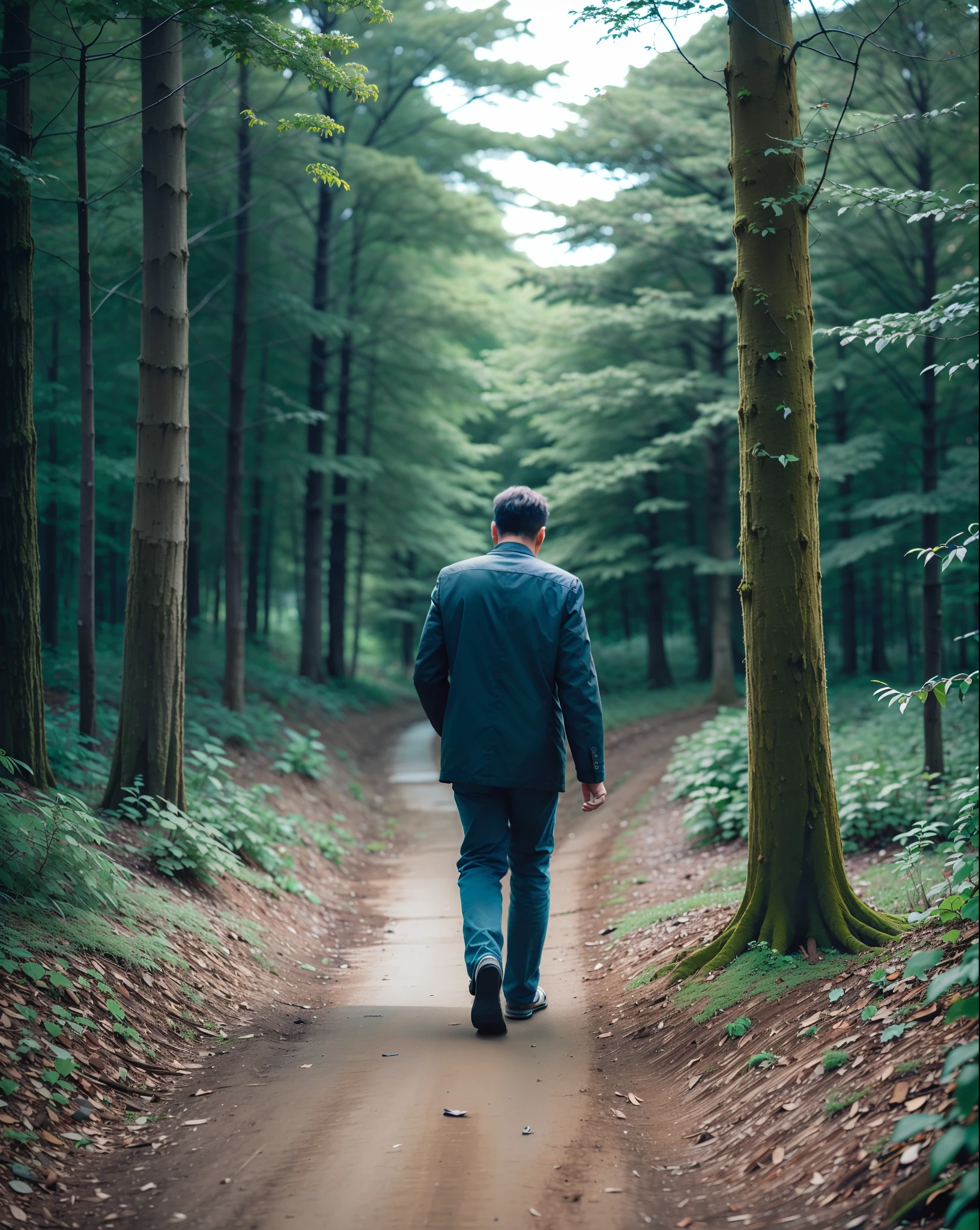 A man walking in the forest,(gloomy weather), 24mm lens, 8,k, movie scene