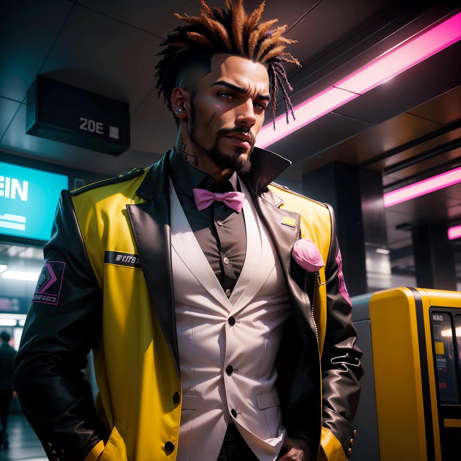 I'd like a cyberpunk style image in 4k average photo of three black characters ,homem e mulher ,portanto,africano, forte  de pele negra ,barba grande ,barba, Estiloso  ,com cabelo punk estilo anos 80 na cor amarelo e cinza escuro, muito eLegante , futurista e estiloso neon , com uma tatuagem super colorida e com neon ,Toattoo, facing a metro station on the platform , with station lights failing in a dimly lit environment, standing dressed in a dark yellow suit with a pink bow tie and baggy shirt.