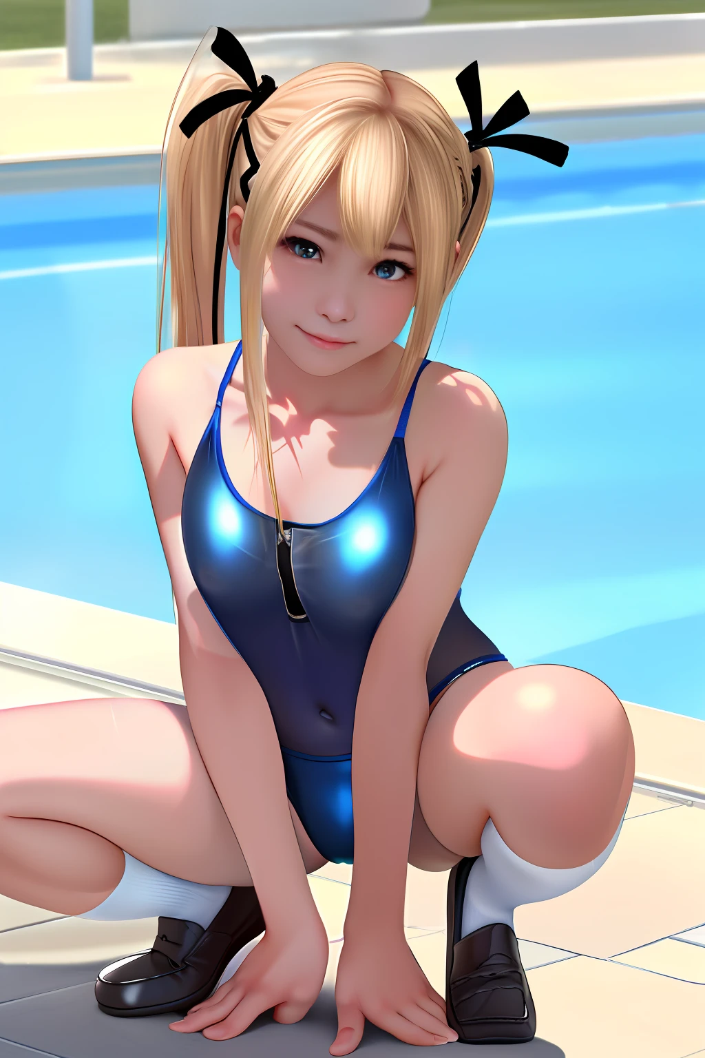 Top image quality、8K picture quality、hightquality、Detailed picture、1girll、独奏、full body Esbian、Marie Rose、Twin-tailed、A smile、Embarrassing、red blush、small plump breasts、small tits、(protrusion at the tip of the chest:1.6)、(Slender body))、(Nipple sheer:1.5)、((Shiny Blue Metallic))、((Sleeveless))、((See-through competition swimwear:1.3))、(highleg:1.3)、(Stick hard into the crotch)、(Hard hollow in the crotch:1.3)、((Squatting on the ground))、((Big :1.3))、(((Open your crotch wide from side to side:1.2)))、(M-shaped legs:1.5)、(Arms behind your head:1.3)、(Show off your armpits:1.2)、((Black High Socks:1.3))、((Brown loafers:1.3))、(gazing at viewer)、(Facing the viewer)、(Keep your feet open to your audience)、(white thighhig)、in poolside、profetional lighting、Frontal shot