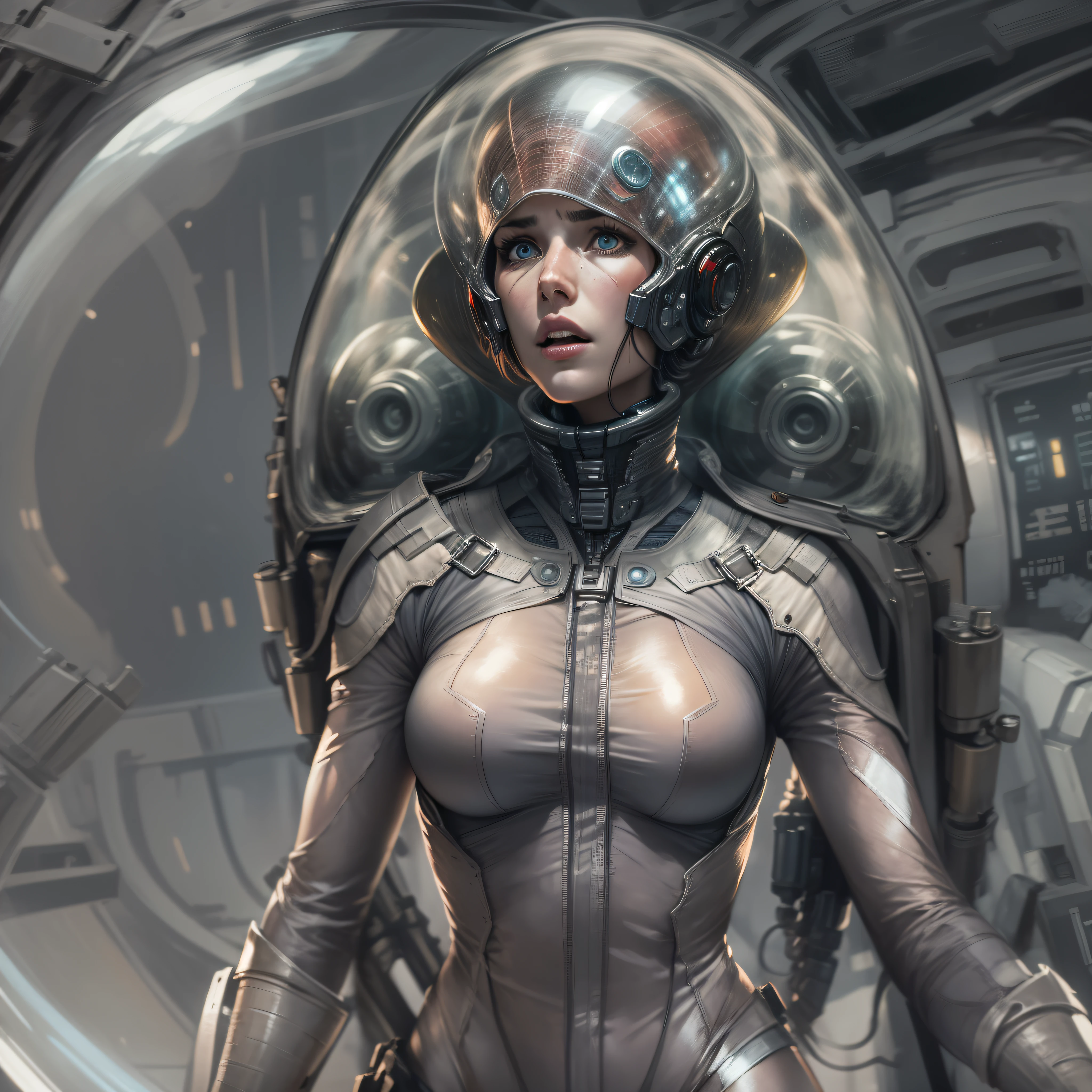 en estilo comic, basado en la pelicula prometheus, mujer perteneciente a la tripulacion de la spacecraft prometheus, exuberante y voluptuosa