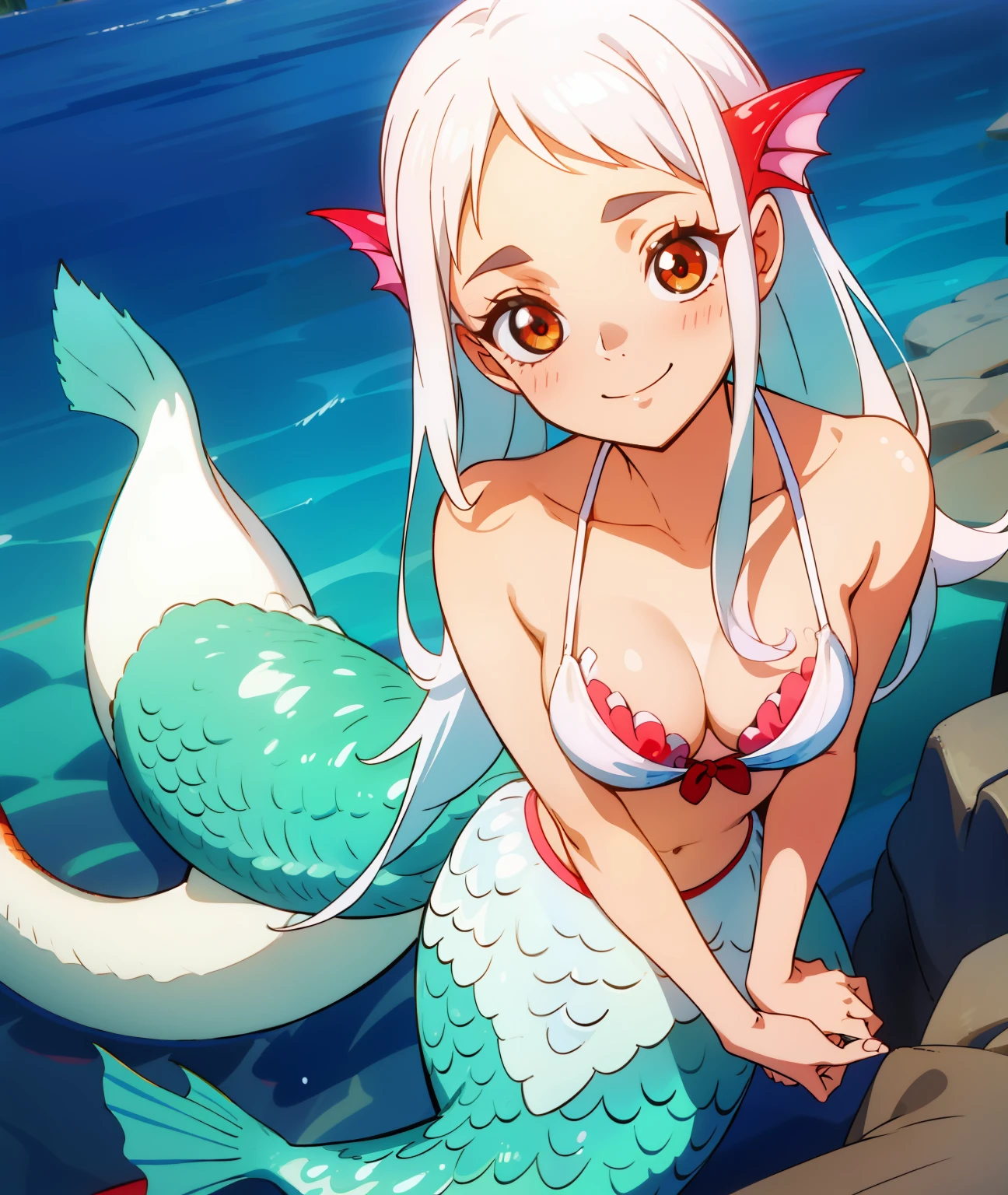 1girl, white hair, long hair, red eyes, cute face, cute, white clothing, revealing, big chest, bra, bikini, mermaid, tail, mermaid, water, smile, big eyes, soft, cute