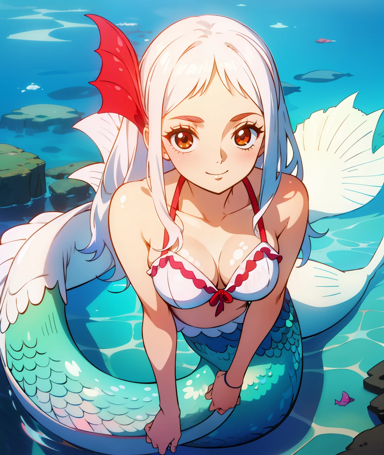 1girl, white hair, long hair, red eyes, cute face, cute, white clothing, revealing, big chest, bra, bikini, mermaid, tail, mermaid, water, smile, big eyes, soft, cute