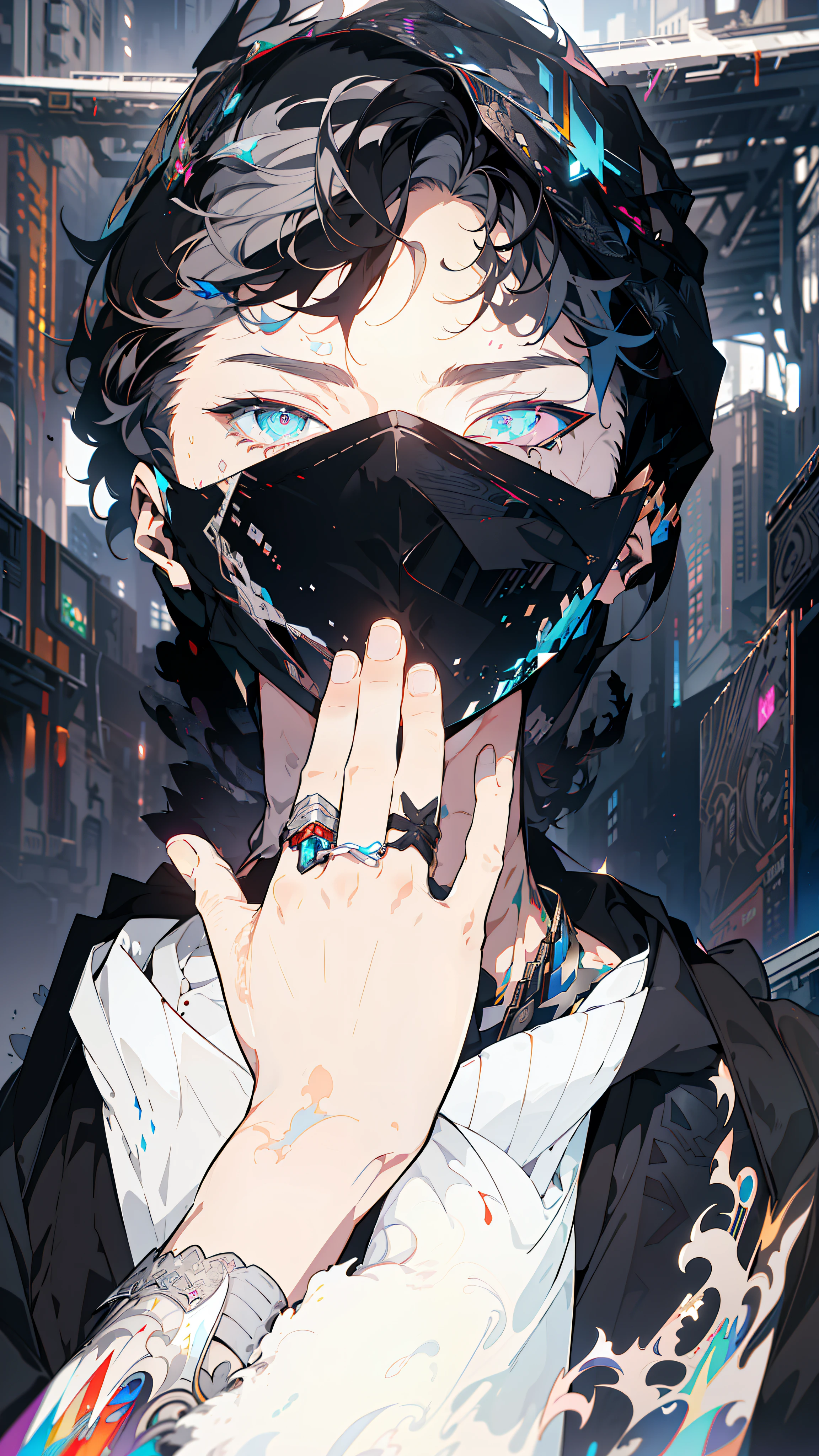 Cyberpunk male, fantasy world, dark background, clean design, epic instagram, artstation, colorful paint splatter, silhouette, hyper detailed intricate details, unreal engine, fantasy, intricate details, splash screen, complementary colors, Fantasy concept art, 8k resolution, deviantart masterpiece, oil painting, heavy strokes, paint dripping, (isolated on white background: 1.3), rainbow skin, (((handsome young man))), ((age:1.5) ), (glowing blue eyes), ((light eyes)), ((((short white hair: 1.1))), ((black clothes)), (prince\\(indifferent expression\\),, ( ((Wears high detail luxurious black robe))), white hair, (chest) --v 6