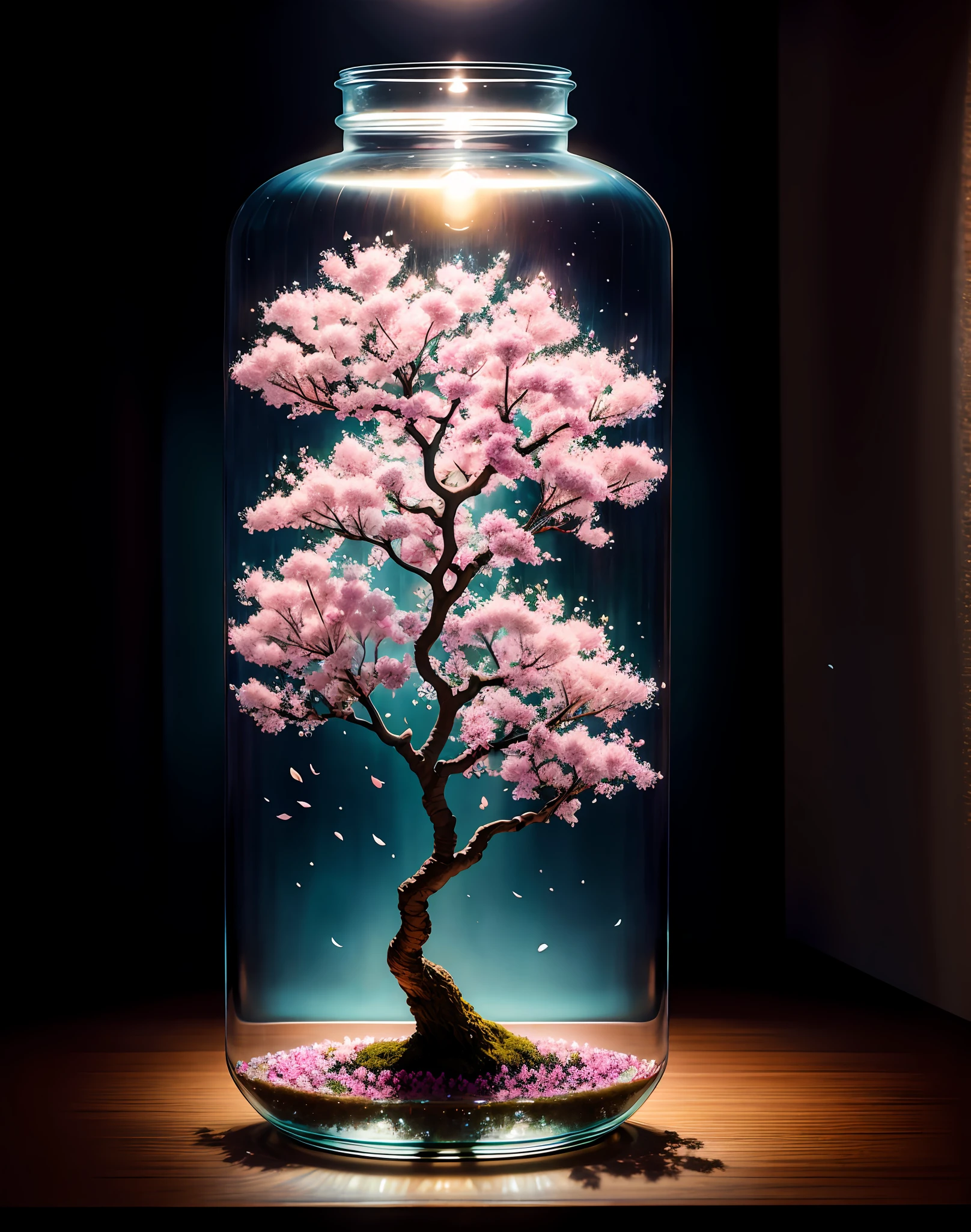 sakura tree in a bottle, fluffy, realistic, atmospheric light refraction, by lee jeffries nikon d850 film stock photograph 4 kodak portra 400 camera f1.6 lens rich colors hyper realistic lifelike texture dramatic lighting unreal engine trending on artstation cinestill 800, Style-Glass