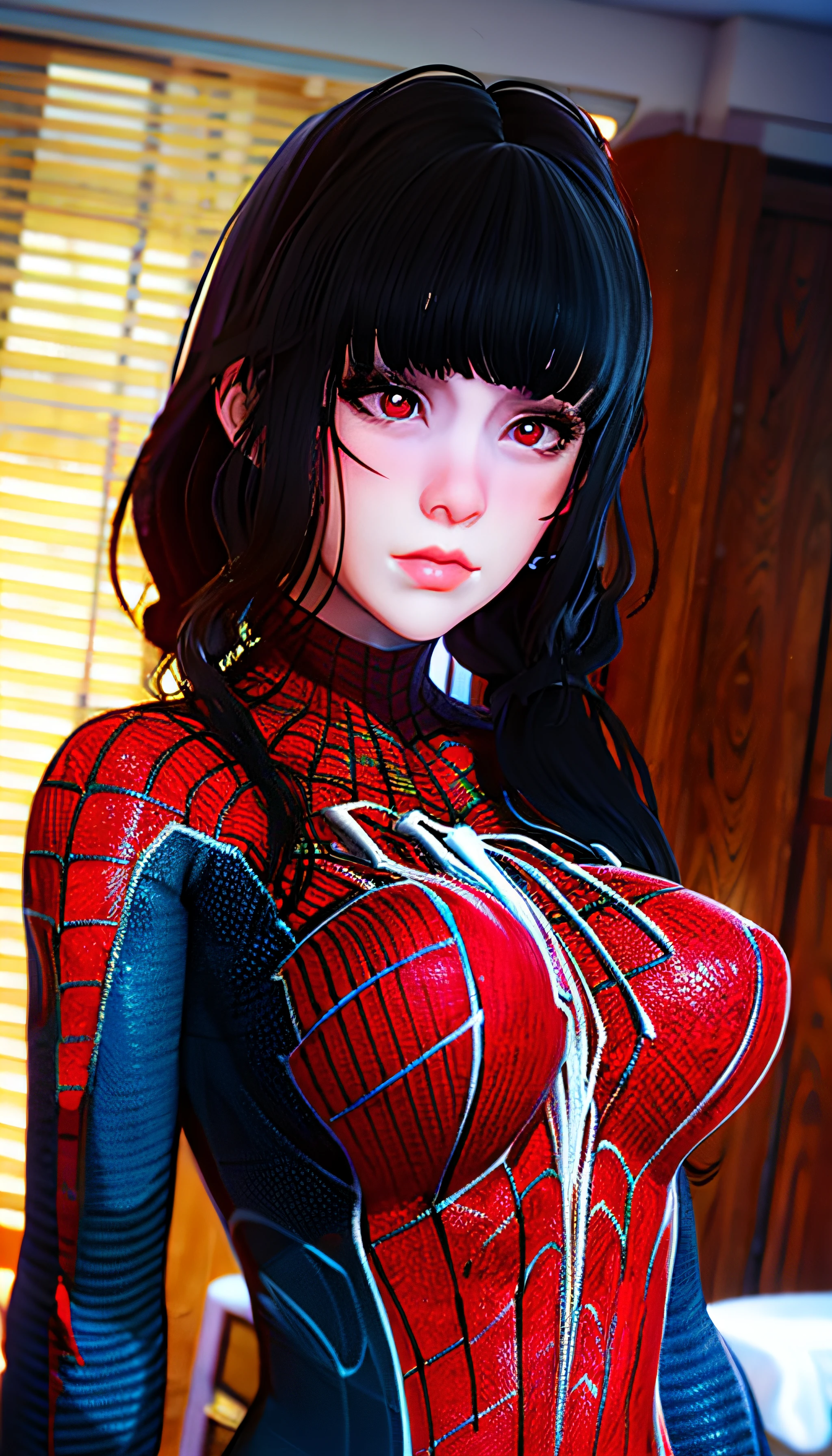 best quality, beautiful lighting, black hair, lips, red eyes, long hair, blunt bangs, closed mouth, red lips, medium breasts, spiderman suit