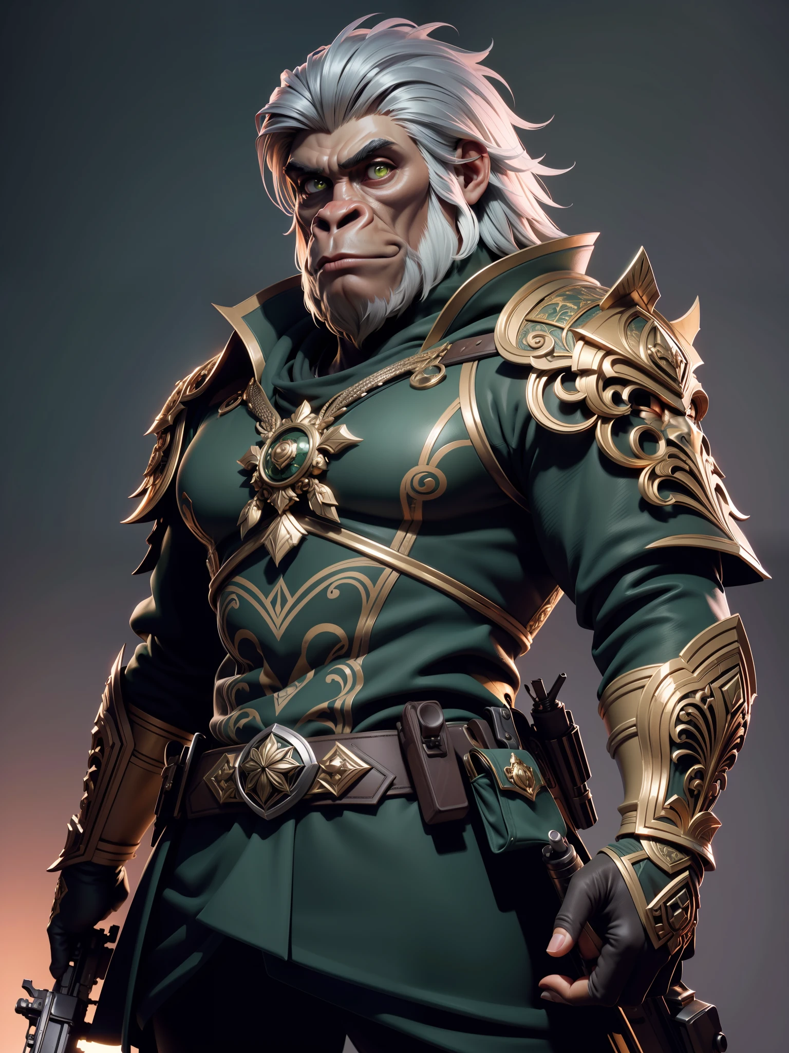 (masterpiece:1.2), original, masterpiece, best quality, official art, (extremely detailed 8k wallpaper), (extremely fine and beautiful:1.2), (beautiful and clear background) ,fashionmonkey, gorilla, army coat, gun, holding, guns, solo, beautiful face gorilla, green eyes, ((silver filigree)), Ivory accessories, intricate, highly detailed, in Inca city of gold, 8k digital painting, concept art, sharp focus, cinematic lighting, illustration, best quality, beautiful face