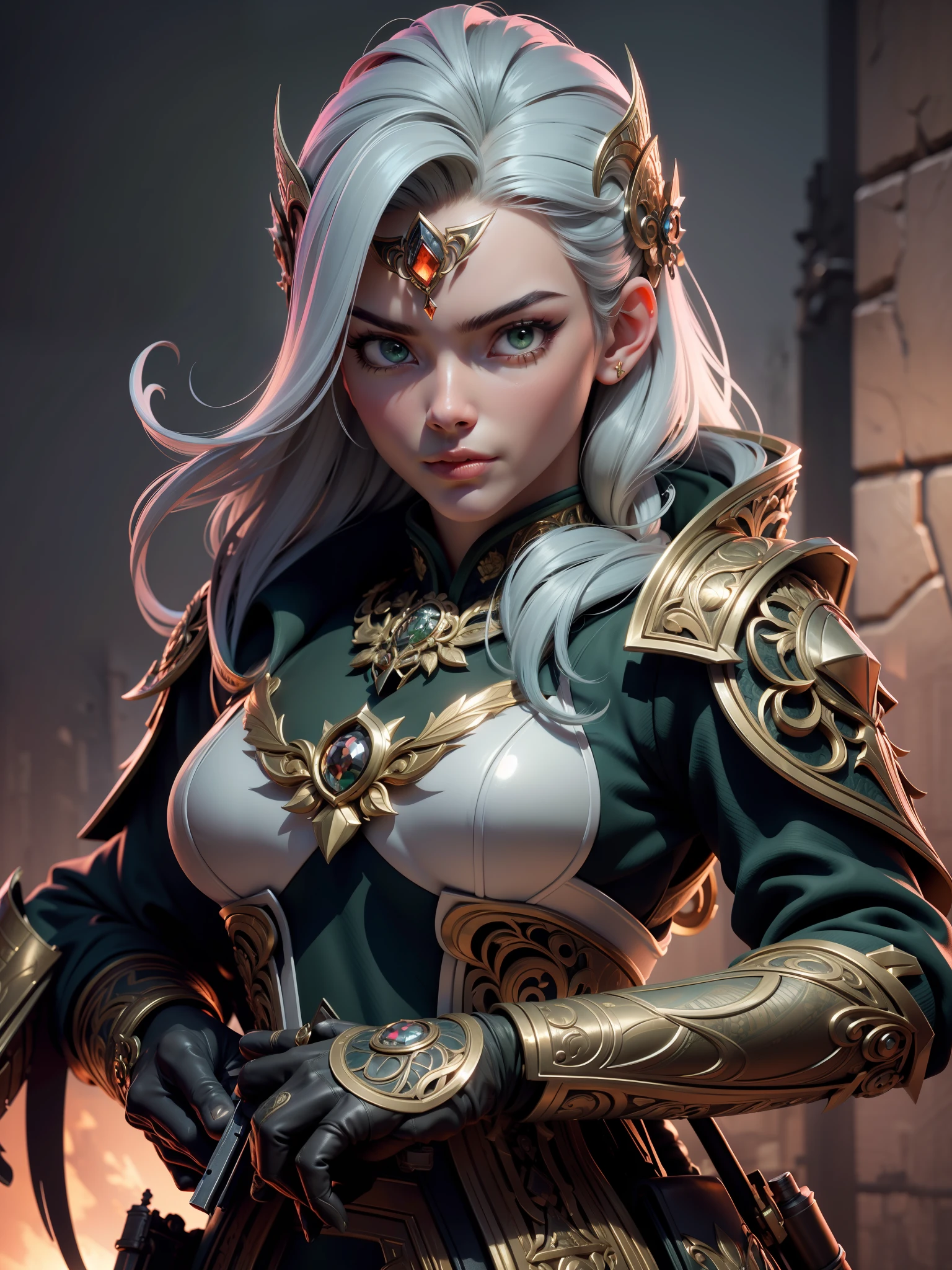 (masterpiece:1.2), original, masterpiece, best quality, official art, (extremely detailed 8k wallpaper), (extremely fine and beautiful:1.2), (beautiful and clear background) ,fashionmonkey, gorilla, army coat, gun, holding, guns, solo, beautiful face gorilla, green eyes, ((silver filigree)), Ivory accessories, intricate, highly detailed, in Inca city of gold, 8k digital painting, concept art, sharp focus, cinematic lighting, illustration, best quality, beautiful face