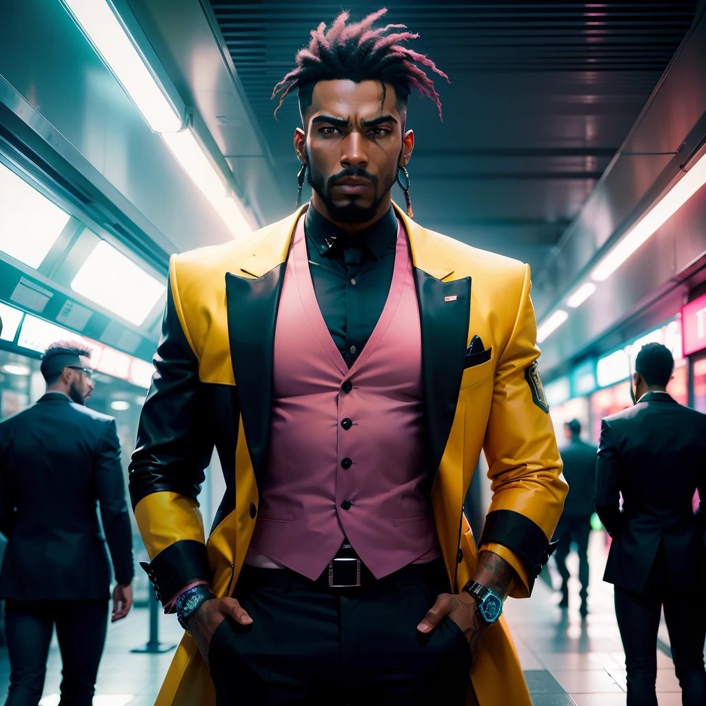 I'd like a cyberpunk style image in 4k average photo of three black characters ,homem e mulher ,portanto,africano, forte de pele negra ,barba grande ,barba, estiloso ,com cabelo punk estilo anos 80 na cor amarelo e cinza escuro, muito eLegante , futurista e estiloso neon , com uma tatuagem super colorida e com neon ,Toattoo, facing a metro station on the platform , with station lights failing in a dimly lit environment, standing dressed in a dark yellow suit with a pink bow tie and baggy shirt.