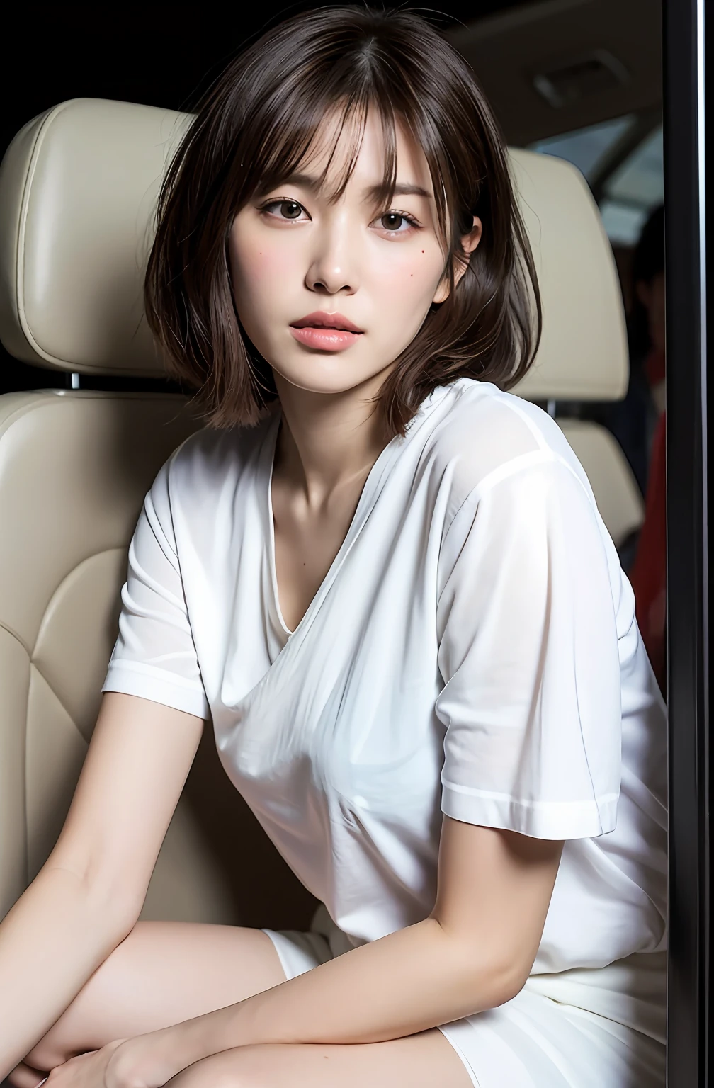 ((8K:1.27)、top-quality、masterpiece、超A high resolution:1.2)Photo beautiful Chinese woman(pleasing:1.1) (White shirt:1.21) Design by Gregg Lutkowski and Alphonse Mucha Intricate Elegance、Fantasia、the detail、Geometry、Gradient lighting、1girl in、Delicate skin、looking at the viewers、Brown-eyed、(short hair with bangs:1.2)、(Medium chest:1.0)、(medium areola:0.8)、(realisitic:1.4)、(top-quality:1.0)、(超A high resolution:1.0)、8K、Raw photography、(masterpiece:0.2)、(pureerosface_v1:0.5)、 white clothes、From the knee up、Turn your buttocks、Train、inside of a car、seating、