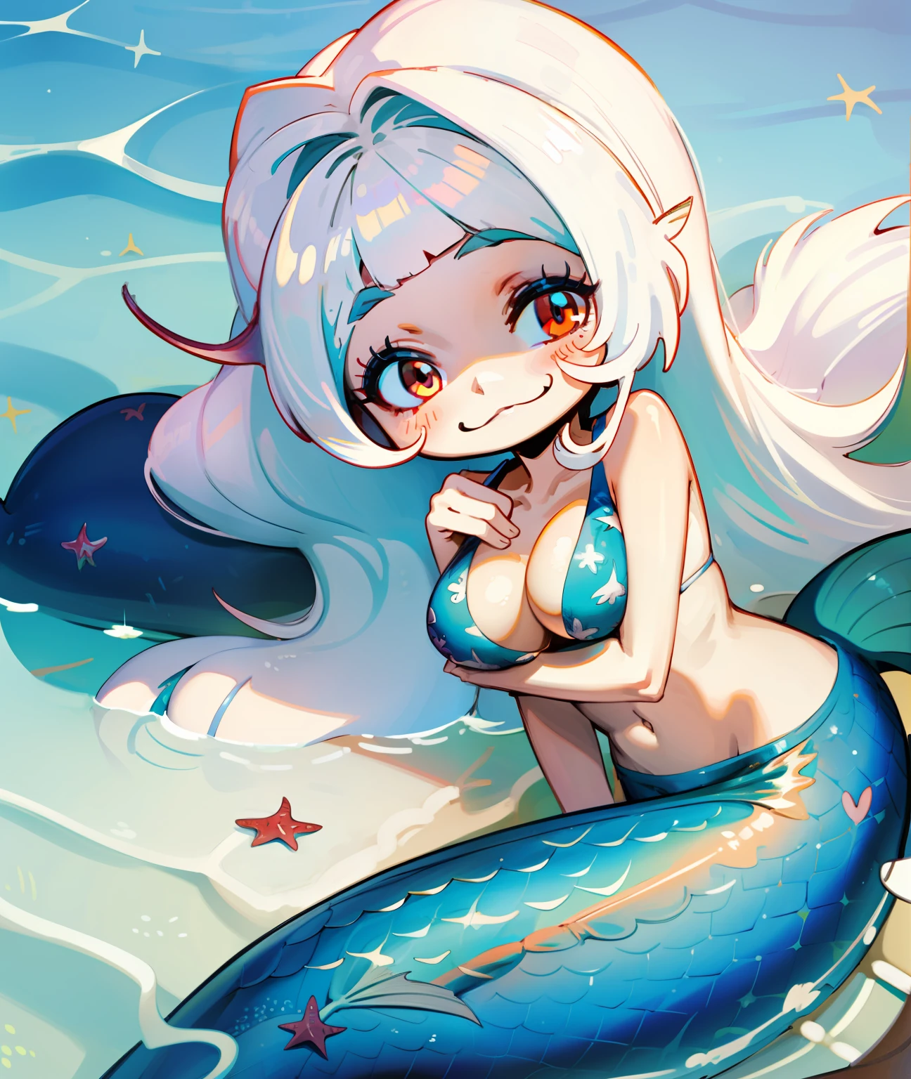 1girl, white hair, long hair, red eyes, cute face, cute, white clothing, revealing, big chest, bra, bikini, mermaid, tail, mermaid, water, smile, big eyes, soft, cute