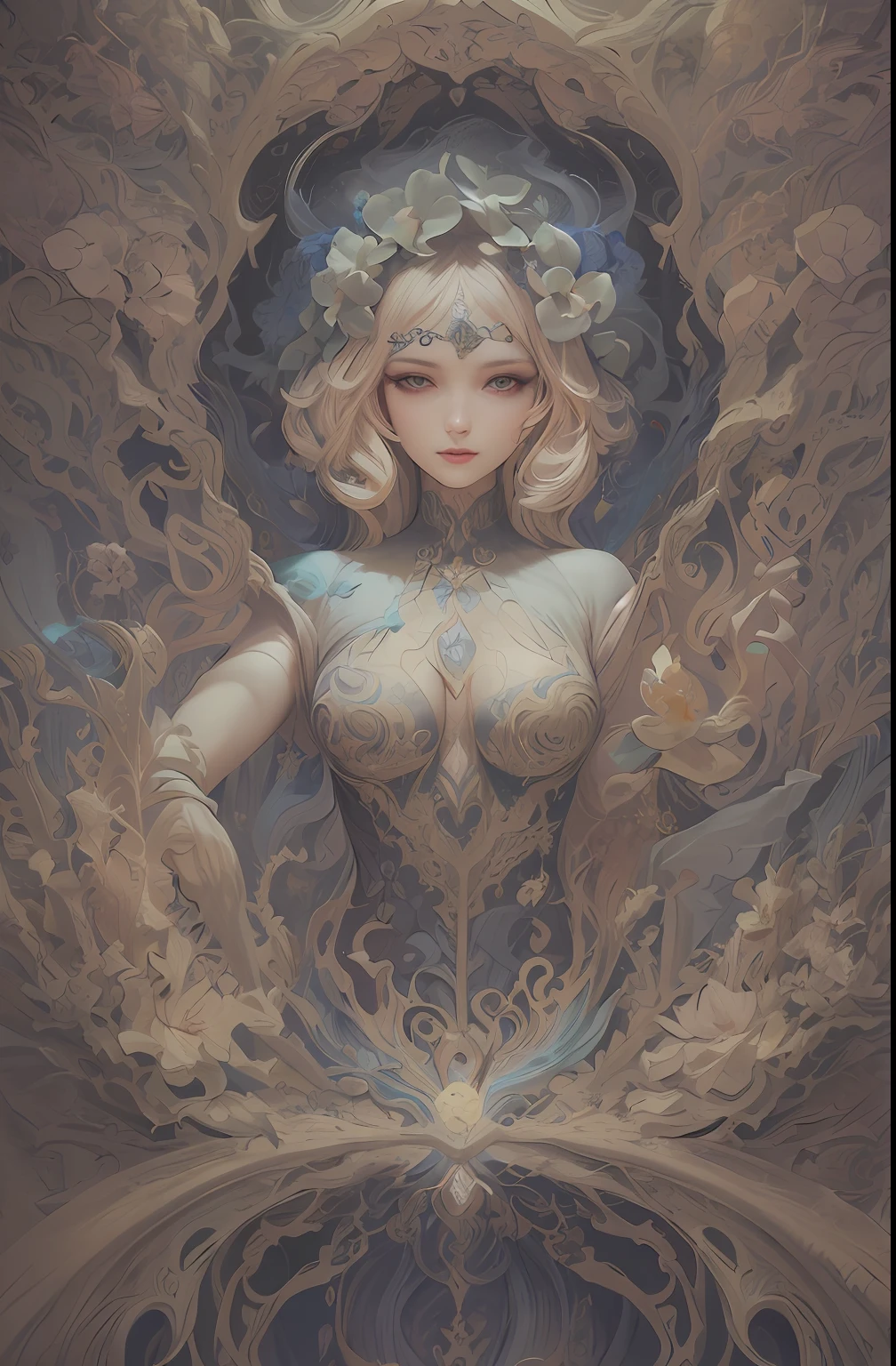 painting of a robed woman surrounded by orchids, intricate ornate painting style, detailed digital art, fantasy illustration. extremely high detail, fantasy artwork, extremely detailed goddess shot, 8k high quality detailed art, detailed fantasy digital art, 4k highly detailed digital art, a beautiful artwork illustration, aristocrat aesthetic,