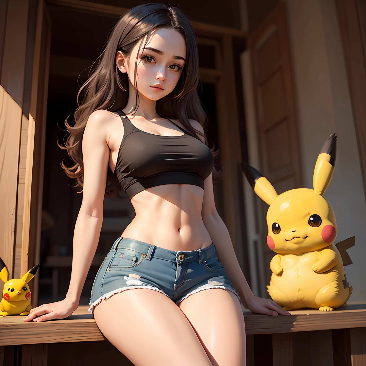 1girl, entre seios, crop top, decote, pikachu, shorts,sem calcinha,obra-prima, melhor qualidade, altamente detalhado