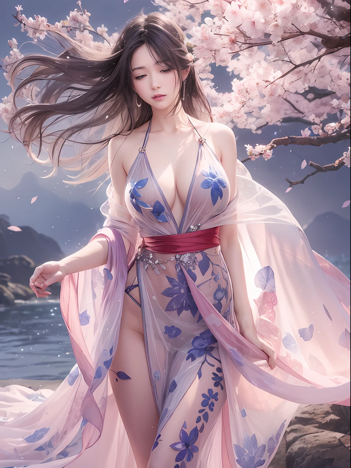 loose outfit、Show shoulders、How to wear a gown with a broken see-through halter neck、Decorated with intricate patterns and bright colors、Transparent material that makes the skin shine、Artistic depiction of seductive woman in gown with wet thin cloth and transparent skin, Floral and fantastic pattern with flowing silky traditional see-through skin。Her dress draped elegantly around her curvaceous figure、Emphasizes her charming silhouette。She's a gentle fireworks night、Dynamic Posing、Sexy Posing、bathed in the soft glow of moonlight。The scene is、With a hint of mystery and sensuality、It exudes an ethereal dreamy atmosphere。The image style is、It incorporates a blend of watercolor and digital illustration techniques.、It makes you feel delicate beauty and charm。Soft moonlit lighting、Cast gentle highlights and shadows on her mesmerizing features。Dynamic Posing、Bold poses、The hand is somewhere、see -through、show through、A sexy、Wet hair、Wet、cherry trees、flower petals、cherryblossom、The cherry tree、Sakura blizzard、buried、Transparent skin、Wet clothes、Chest Pulling、Translucent clothes、On the water、