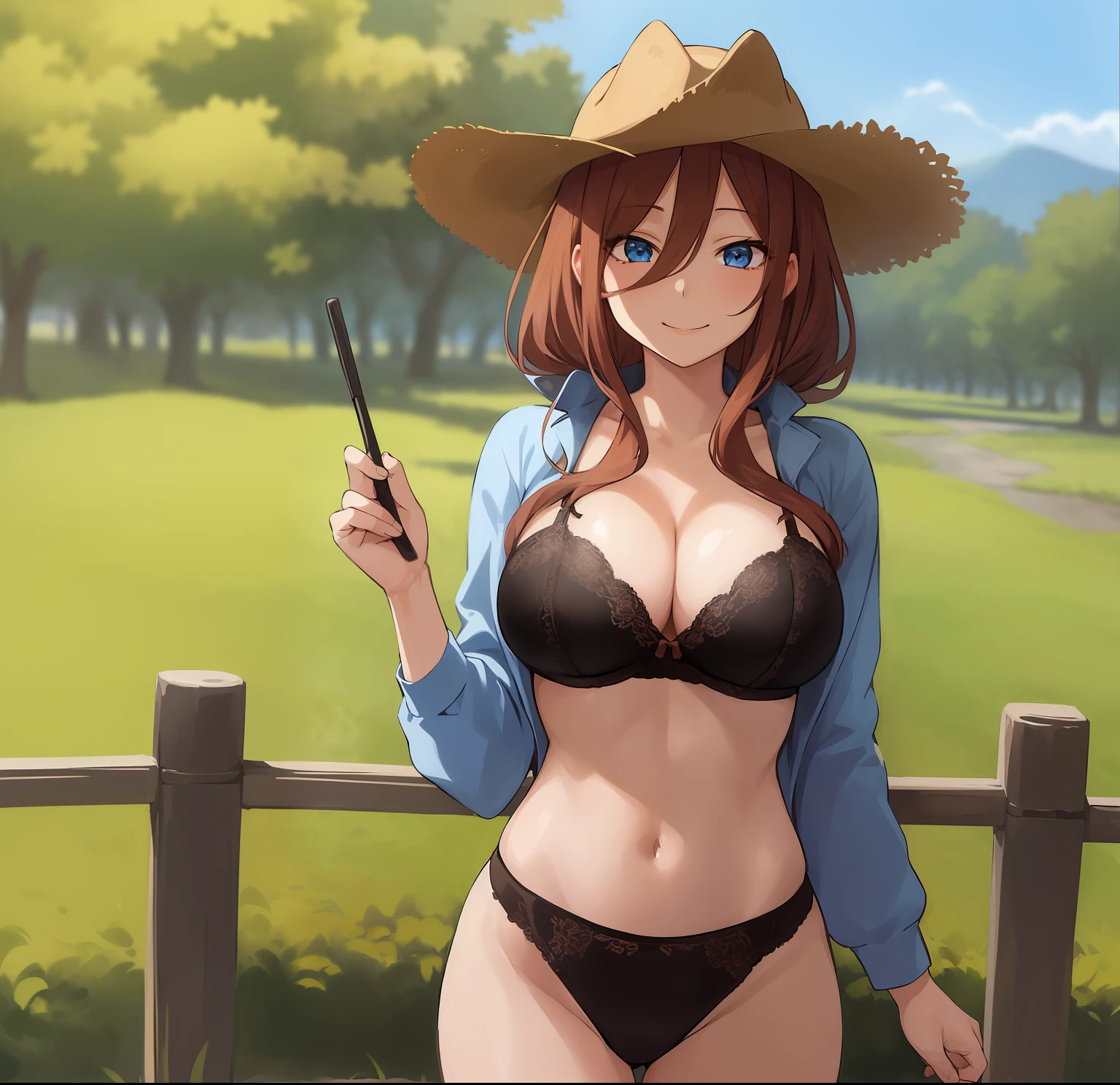 2d, masterpiece, best quality, anime, highly detailed, 1girl, solo, cowboy shot, nakano miku, brown hair, hair between eyes, blue cardignan, big breasts, standing, outdoors, smile, black bra