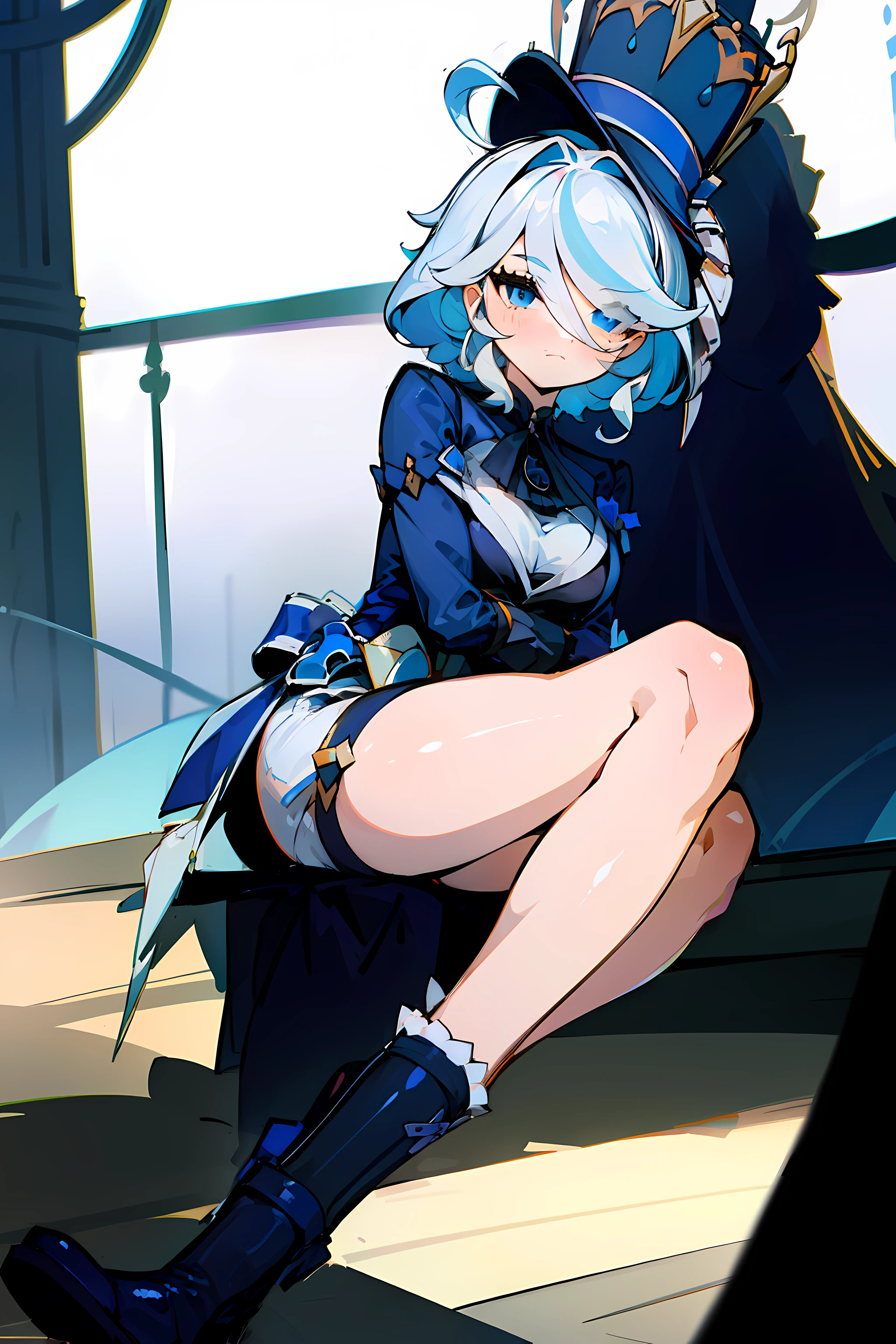 (masterpiece),best quality, expressive eyes, perfect face,w sitting, w sitting on ground, legs on ground, 1girl,
big breast, H-cup, good breast,Focalors, crossing arms,