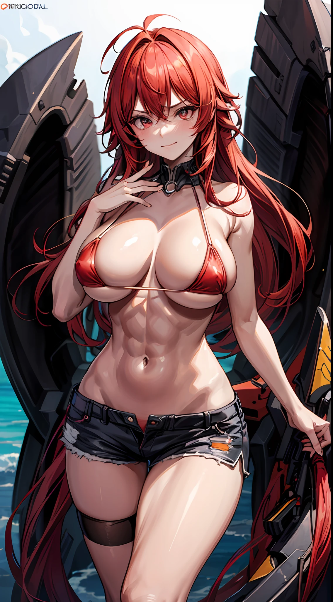 [(Transparent Background: 1.5)::5],(((Masterpiece))),(((Best Quality))),(((Extremely Detailed))), Illustration, (High Resolution), High Quality, Perfect Line Art, 1 girl, tall woman: 1, long hair, incandescent red hair, bulky body, (big breasts) big ass: 1.3), thick thighs, slim waist, ripped abs: 1, rude attitude, evil smile, piercing gaze, frown , blushing, flirtatious: 1, beautiful body, beautiful fair skin, detailed skin, sexy clothes, ((short shorts. red micro bikini)), marked nipples on clothes, sexy pose, dynamic pose, one hand on her neck. one hand on the waist: 1, simple background, a paradisiacal beach