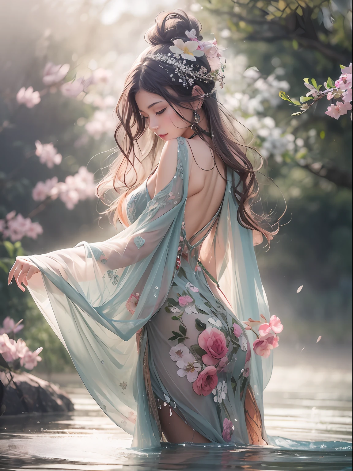 loose outfit、Show shoulders、How to wear a gown with a broken see-through halter neck、Decorated with intricate patterns and bright colors、Transparent material that makes the skin shine、Artistic depiction of seductive woman in gown with wet thin cloth and transparent skin, Floral and fantastic pattern with flowing silky traditional see-through skin。Her dress draped elegantly around her curvaceous figure、Emphasizes her charming silhouette。She's a gentle fireworks night、Dynamic Posing、Sexy Posing、bathed in the soft glow of moonlight。The scene is、With a hint of mystery and sensuality、It exudes an ethereal dreamy atmosphere。The image style is、It incorporates a blend of watercolor and digital illustration techniques.、It makes you feel delicate beauty and charm。Soft moonlit lighting、Cast gentle highlights and shadows on her mesmerizing features。Dynamic Posing、Bold poses、The hand is somewhere、see -through、show through、A sexy、Wet hair、Wet、cherry trees、flower petals、cherryblossom、The cherry tree、Sakura blizzard、buried、Transparent skin、Wet clothes、Chest Pulling、Translucent clothes、On the water、