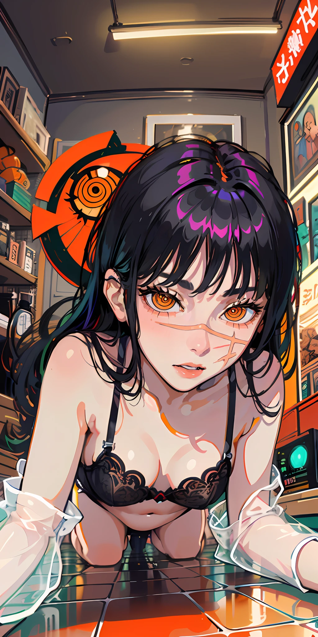 masterpiece, top quality, high resolution, solo, small, indoor, see-through, misaligned bra, side tie T-back, ((on all fours)) , from below, teasing, on floor, background: nighttime Tokyo , disheveled tight underwear, rough breath, panting, blush across nose and cheeks, sexual expression, yoru (chainsaw man) orange eyes (spiral eyes)