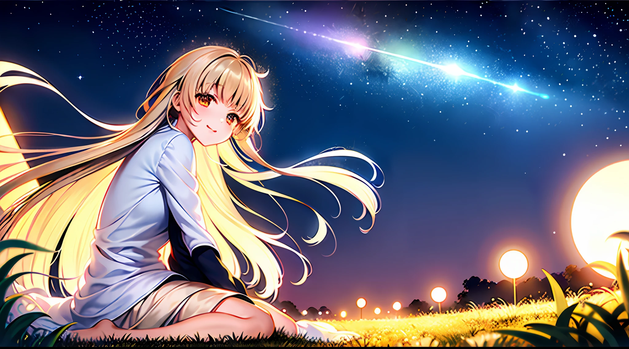 masterpiece, best quality,  looking at viewer,(1girl),  shiina mahiru, night, depth of field, night sky, star \(sky\), outdoors, lens flare, shining star, grass, from side, holding hands, sitting, dark_field,clear sky,  ,the beautiful night sky,moon,shining,stars,twinkling,calm,night,blowing in the wind,happy,serene,mystical,atmosphere,feeling,dreamy,tranquil,freedom,hope,enjoying the moment,solo,outdoor,natural beauty:1.1),(solo focus, ), from side, ( from side),sitting,  very wide shot, at night,starry sky, star \(sky\),(beautiful detailed Grassland,Meteor streaks across the sky:1.3),(starry sky),