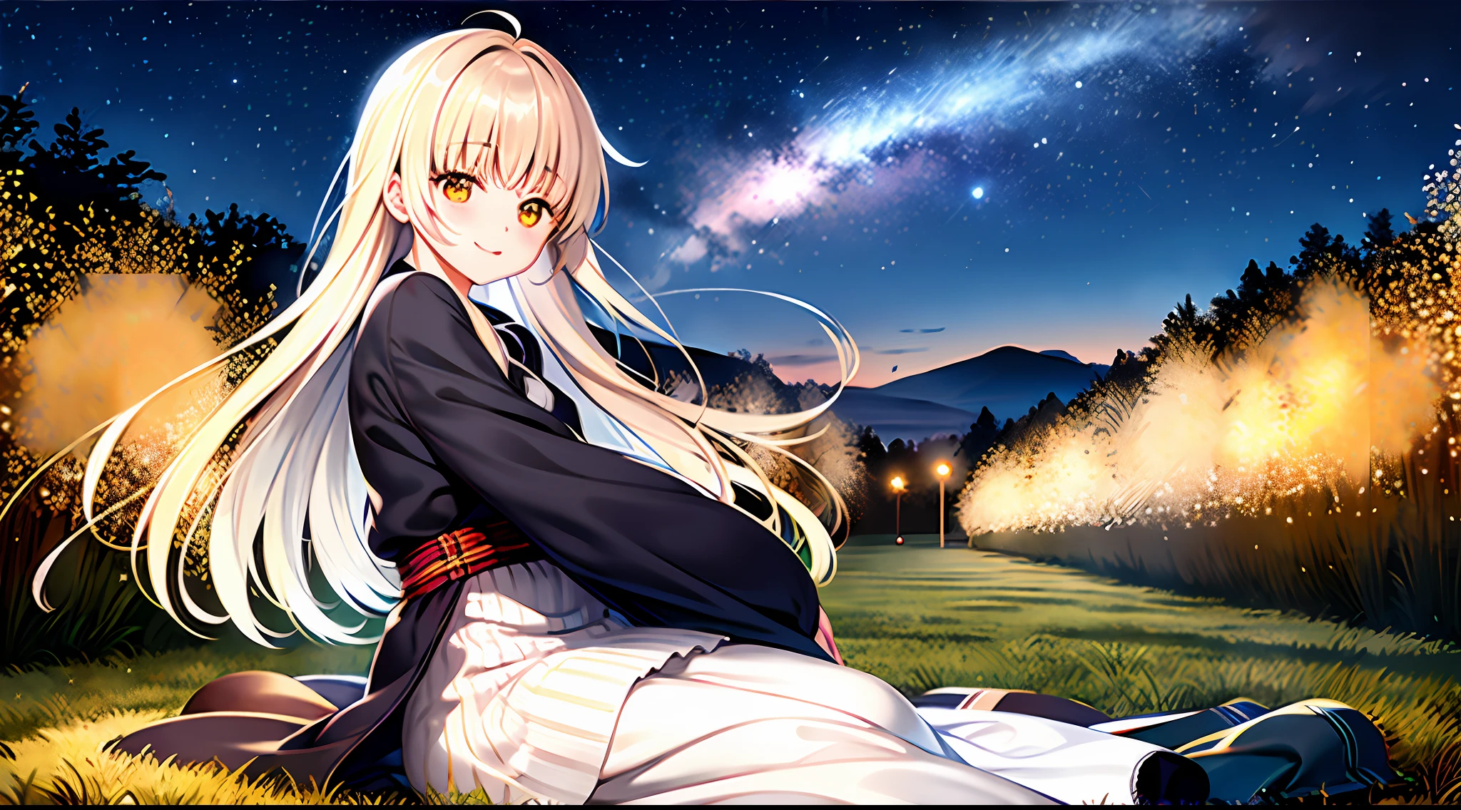 masterpiece, best quality,  looking at viewer,(1girl),  shiina mahiru, night, depth of field, night sky, star \(sky\), outdoors, lens flare, shining star, grass, from side, holding hands, sitting, dark_field,clear sky,  ,the beautiful night sky,moon,shining,stars,twinkling,calm,night,blowing in the wind,happy,serene,mystical,atmosphere,feeling,dreamy,tranquil,freedom,hope,enjoying the moment,solo,outdoor,natural beauty:1.1),(solo focus, ), from side, ( from side),sitting,  very wide shot, at night,starry sky, star \(sky\),(beautiful detailed Grassland,Meteor streaks across the sky:1.3),(starry sky),