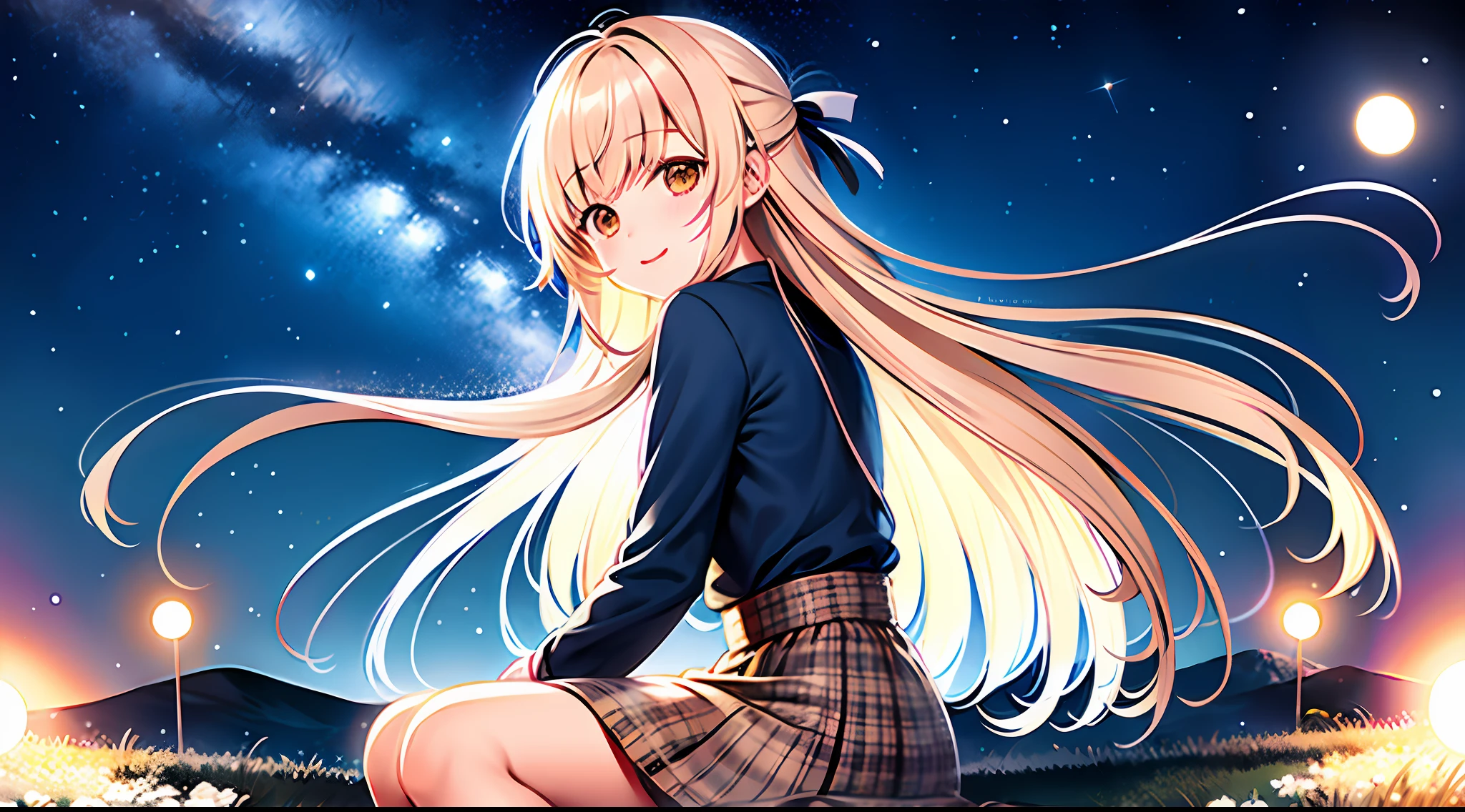 masterpiece, best quality,  looking at viewer,(1girl),  shiina mahiru, night, depth of field, night sky, star \(sky\), outdoors, lens flare, shining star, grass, from side, holding hands, sitting, dark_field,clear sky,  ,the beautiful night sky,moon,shining,stars,twinkling,calm,night,blowing in the wind,happy,serene,mystical,atmosphere,feeling,dreamy,tranquil,freedom,hope,enjoying the moment,solo,outdoor,natural beauty:1.1),(solo focus, ), from side, ( from side),sitting,  very wide shot, at night,starry sky, star \(sky\),(beautiful detailed Grassland,Meteor streaks across the sky:1.3),(starry sky),