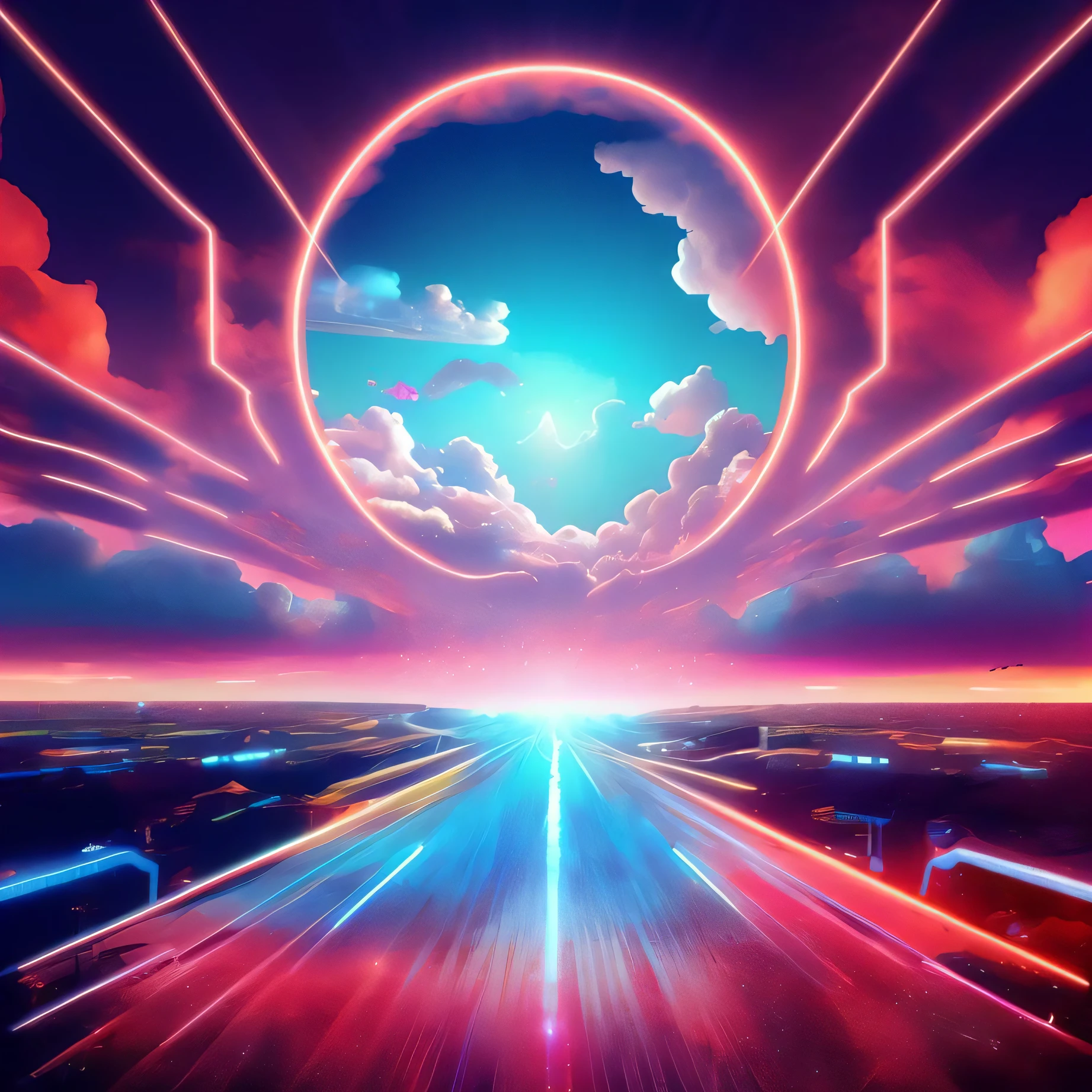 Heaven if it were cyberpunk, volumetric, neon, clouds, bright lights, angelic, beautiful scenery
