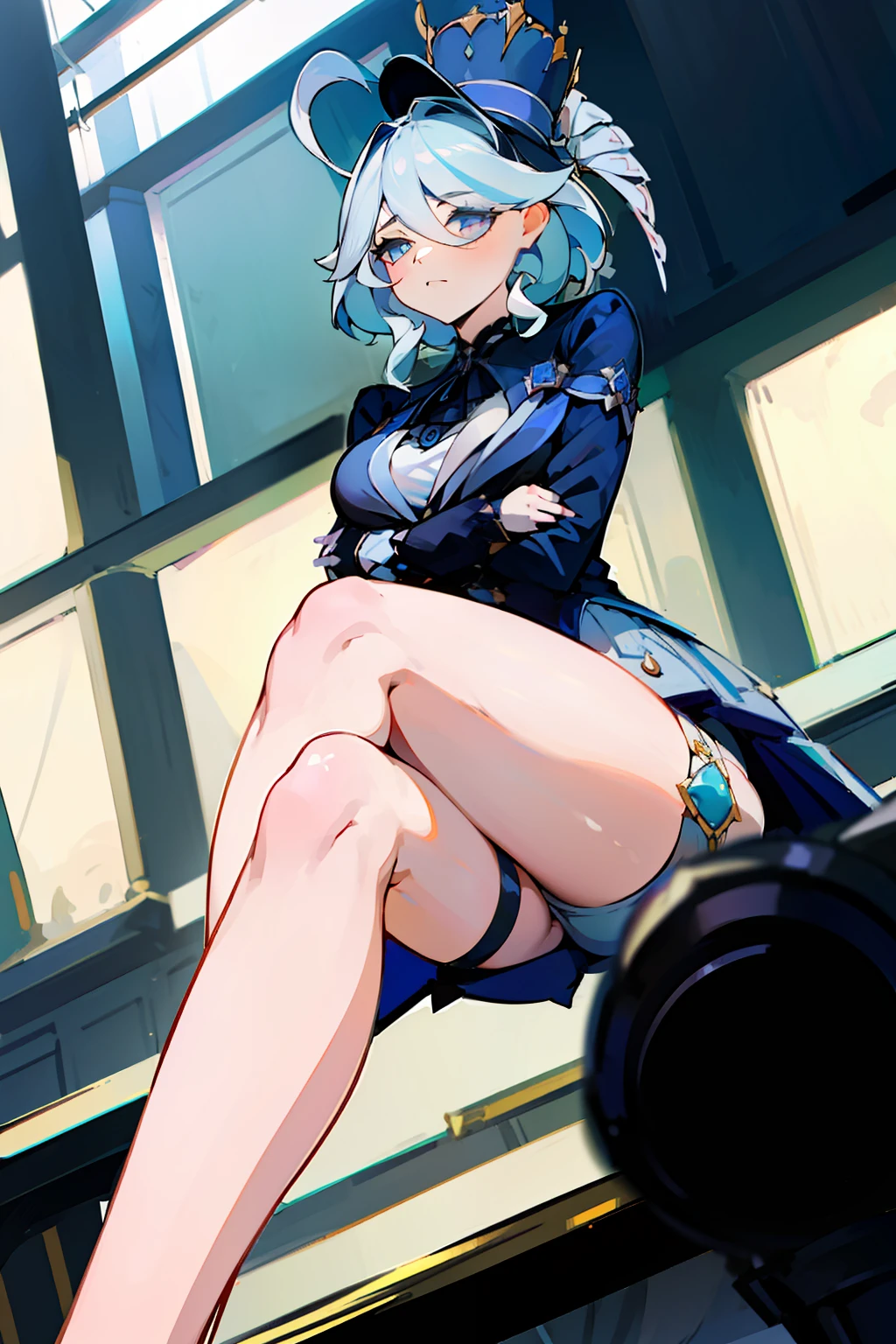 (masterpiece),best quality, expressive eyes, perfect face,w sitting, w sitting on ground, legs on ground, 1girl,
big breast, H-cup, good breast,Focalors, crossing arms,