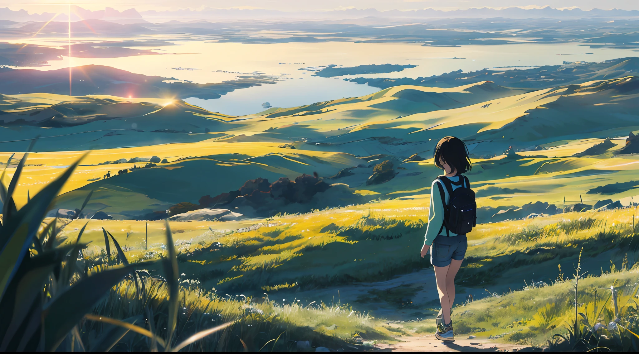 The vast sky, beautiful skyline, large grasslands, extremely tense and dramatic pictures, moving visual effects, high hanging Polaris, colorful natural glare. A girl in a long-sleeved top and denim shorts with a side backpack