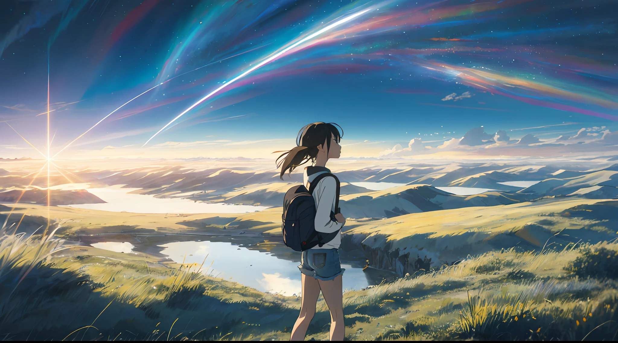 The vast sky, beautiful skyline, large grasslands, extremely tense and dramatic pictures, moving visual effects, high hanging Polaris, colorful natural glare. A girl in a long-sleeved top and denim shorts with a side backpack