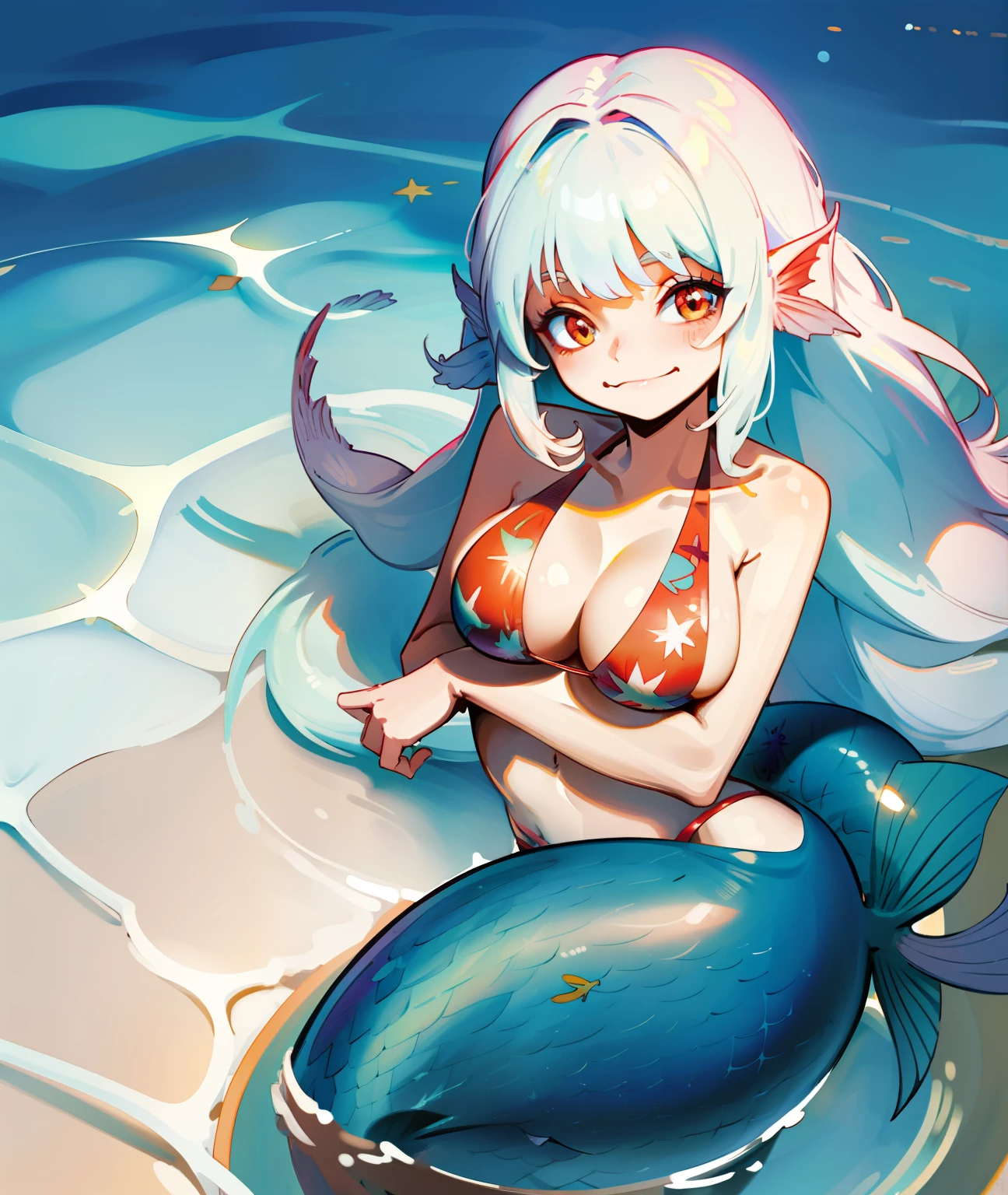 1girl, white hair, long hair, red eyes, cute face, cute, white clothing, revealing, big chest, bra, bikini, mermaid, tail, mermaid, water, smile, big eyes, soft, cute, red bikini