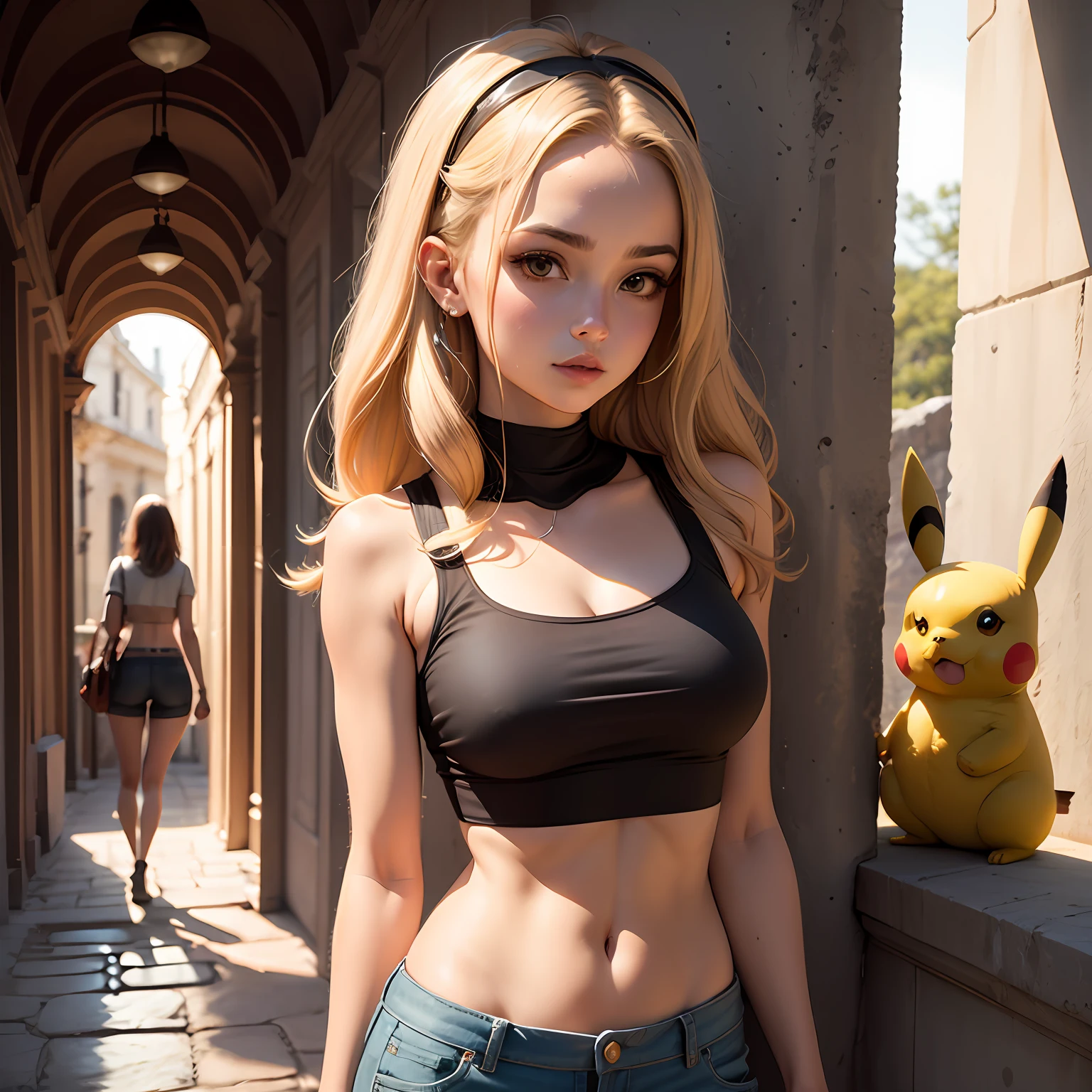 1girl, entre seios, seios grande,crop top, decote transparente, pikachu, shorts,, obra-prima, melhor qualidade, altamente detalhado