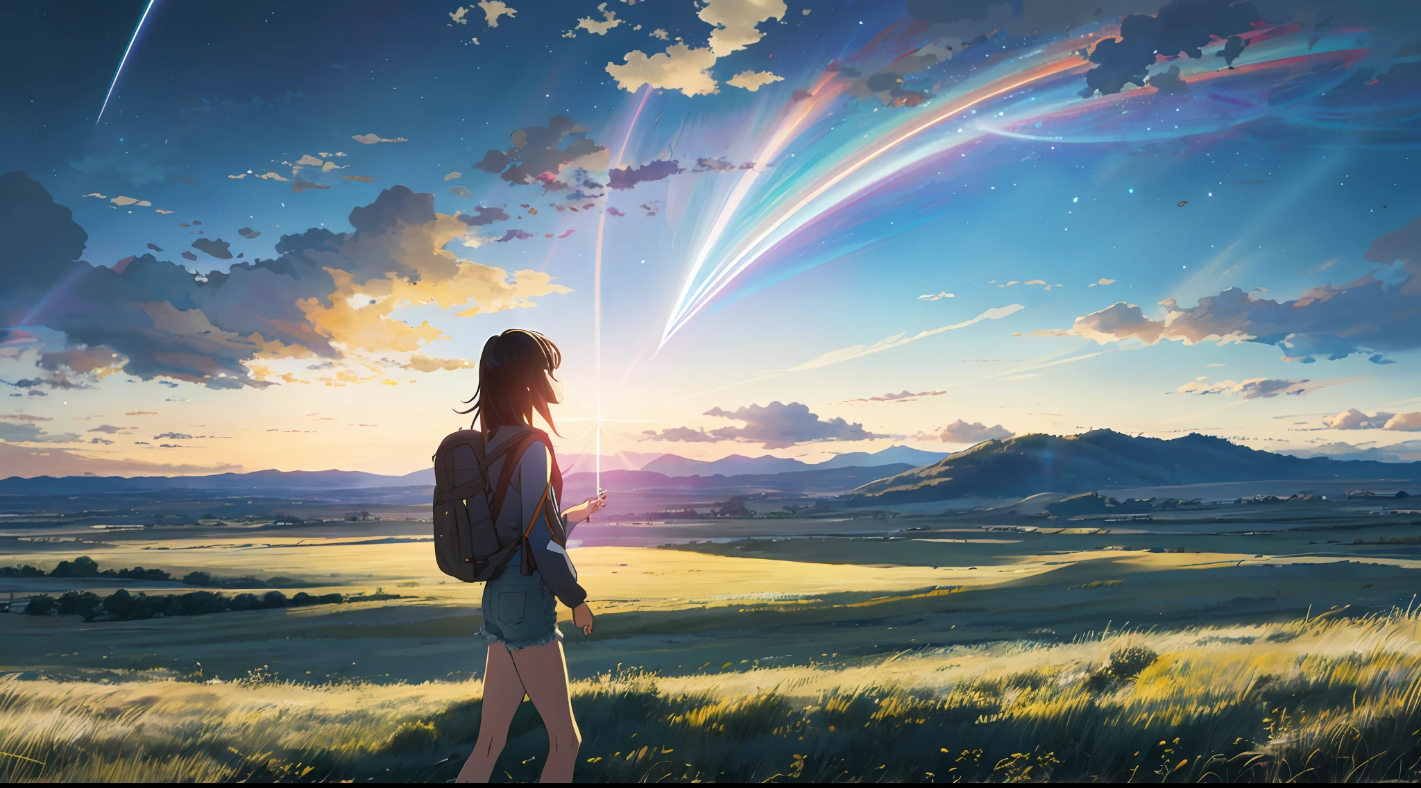 The vast sky, beautiful skyline, large grasslands, extremely tense and dramatic pictures, moving visual effects, high hanging Polaris, colorful natural glare. A girl in a long-sleeved top and denim shorts with a side backpack
