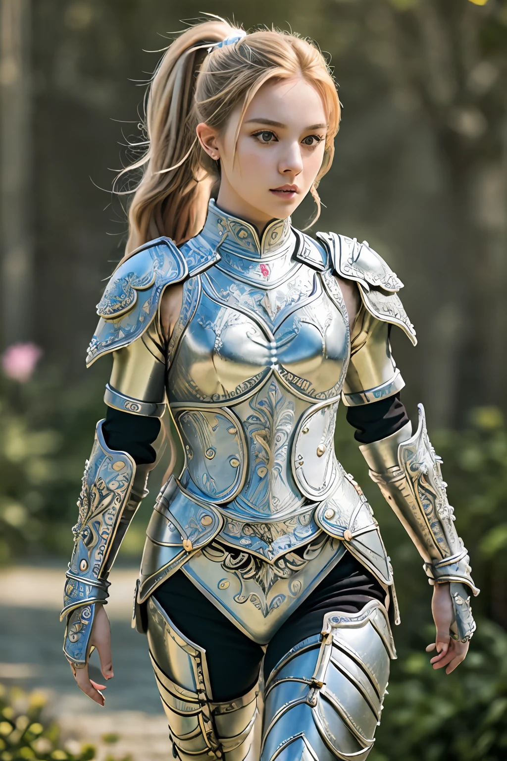 (8K, best quality:1.2), (masterpiece:1.37), (photo, photorealistic:1.37), (ultrahigh-res), full body, walking pose, shot from front, slow motion, female paladin wearing the full body, (light silver armour:1.2),(ornately decorated armor), (insanely detailed, bloom:1.5), (highest quality, Alessandro Casagrande, Greg Rutkowski, Sally Mann, concept art, 4k), (analog:1.2), (high sharpness), (detailed pupils:1.1), detailed face and eyes, Masterpiece, best quality, (highly detailed photo:1.1), (long blonde Hair, ponytail,ecstatic:1.1), (young woman:1.1), sharp, (perfect body:1.1), realistic, real shadow, 3d, (temple background:1.2), (by Michelangelo), photographed by Canan EOS R6, 135mm, 1/1250s, f/2.8, ISO 400