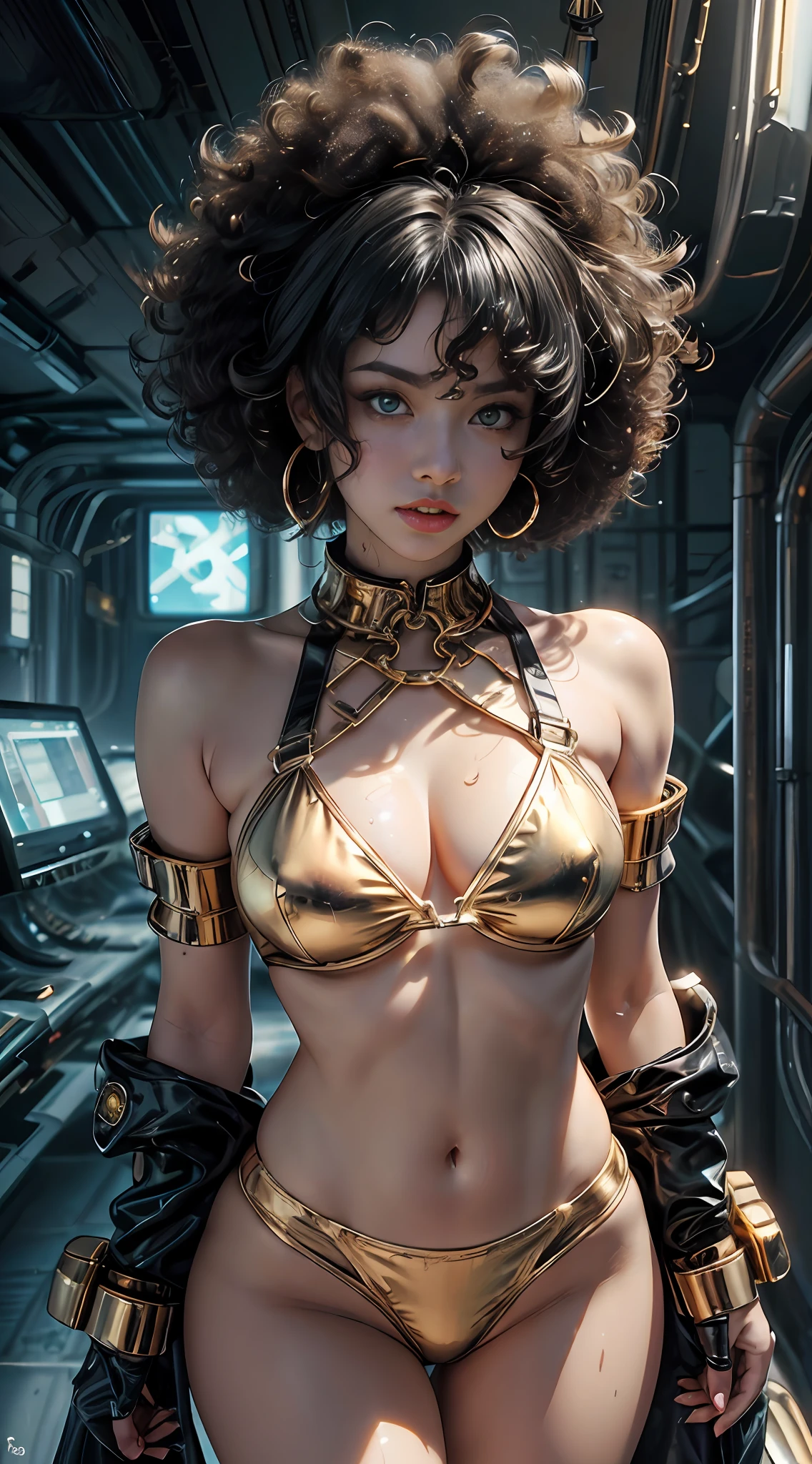 Girl naked in gold body jewelry, Highly Detailed Face and Skin Texture, ((white skin)) big green eyes, slim face, juicy lips, bimbo lips, big puffy breast, Tiny breastplates ((afro curly Black hair)), pale skin, Detailed Eyes, Double Eyelids, cyberpunk gold metal jewelry BDSM, gold metal cyberpunk tapes on body, metal Collar, metal gold futuristic tiny Panties t-strings, metal Tiny panties, metal stickini, metal cupless bra, metal clothes, gold body jewelry, wet skin, she is naked. White skin, she is on the futuristic cyberpunk white and Black room in the spacecraft. Ring in the nose.