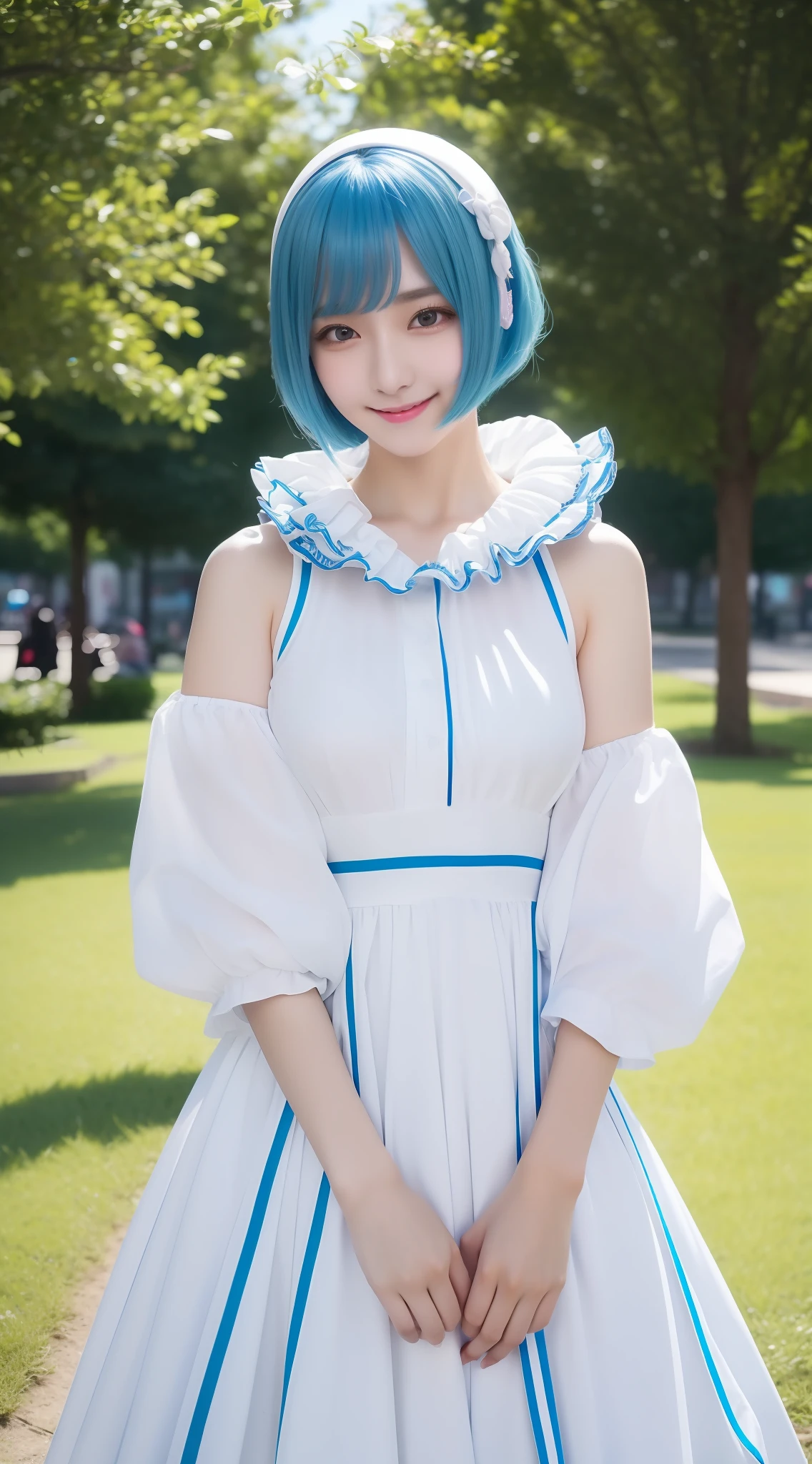 (((Top image quality、8K、​masterpiece、top-quality、1人の女性)))、((Beautie、Beautuful Women、kawaii、The face is orderly、Double eyelids、The whole body is shown))、(ighly detailed:1,3)、Cosplay、Shortcut Hair、Light blue hair、In-game world、Wearing black and white maid clothes、fluffy、Being in the park square、Like a virtual artist、Crystal clear smile、Fan Service