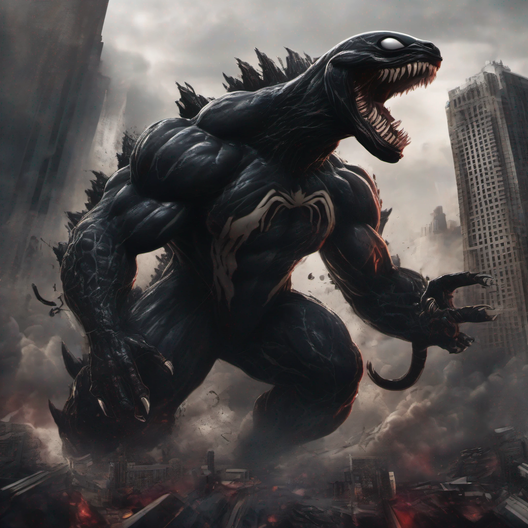 (perfect mix between venom and godzilla:1.9), with venom's black tentacles protruding from his entire body, destroying city, blood, epic, cataclysmic, gargantuan, absurdres, best quality, realistic style