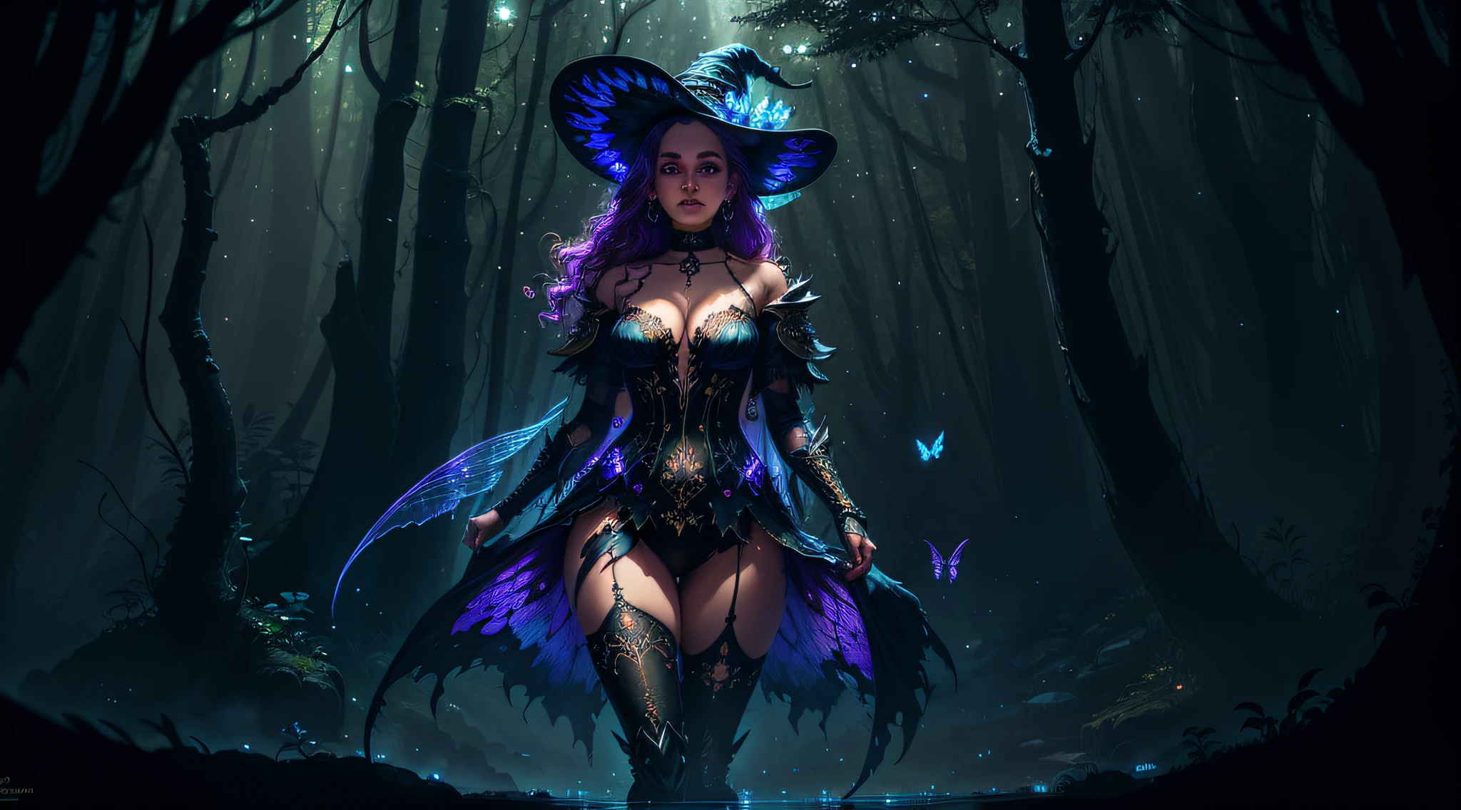 sexy full shot body photo of the most beautiful artwork in the world, illustration, cinematic light, fantasy, highres, highest quallity, ultra detailed, best quality, masterpiece, (detailed face), sexy mature woman wears a shirt and (torn) fullbody (transparent galaxy) cloths coat, floating cloth, choker, glowing (elder underworld fantasy) forest plants with neon details, open shoulders, tiny glowing butterfly, hair jewery, wearing a torn witch hat, (focus on body:1.25), night, small mutated animals in background, torn mini skirt ,a potion on hip, shoulder pads emitting magic energy, cameltoe, dark, light reflection