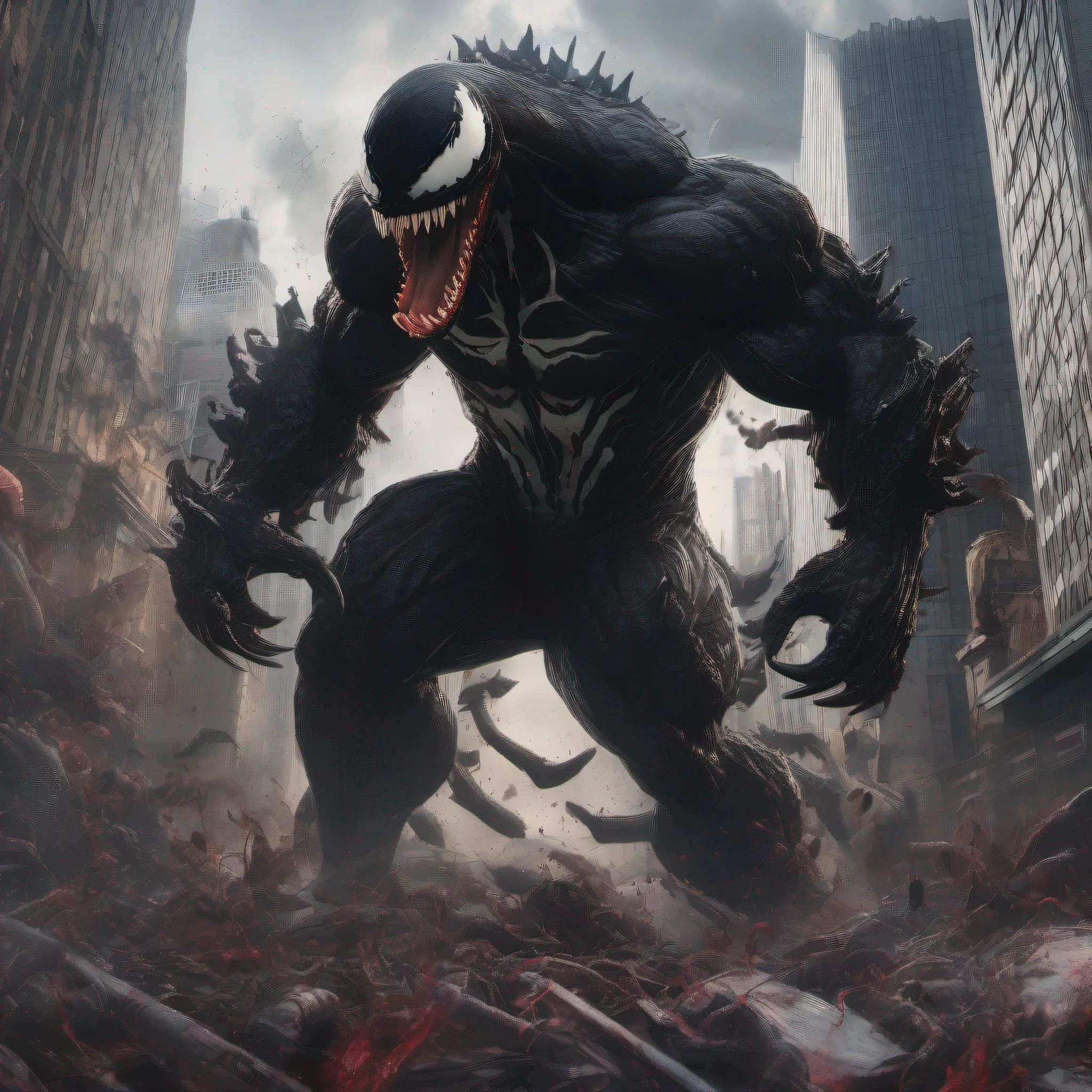 (perfect mix between venom and godzilla:1.9), with venom's black tentacles protruding from his entire body, destroying city, blood, epic, cataclysmic, gargantuan, absurdres, best quality, realistic style