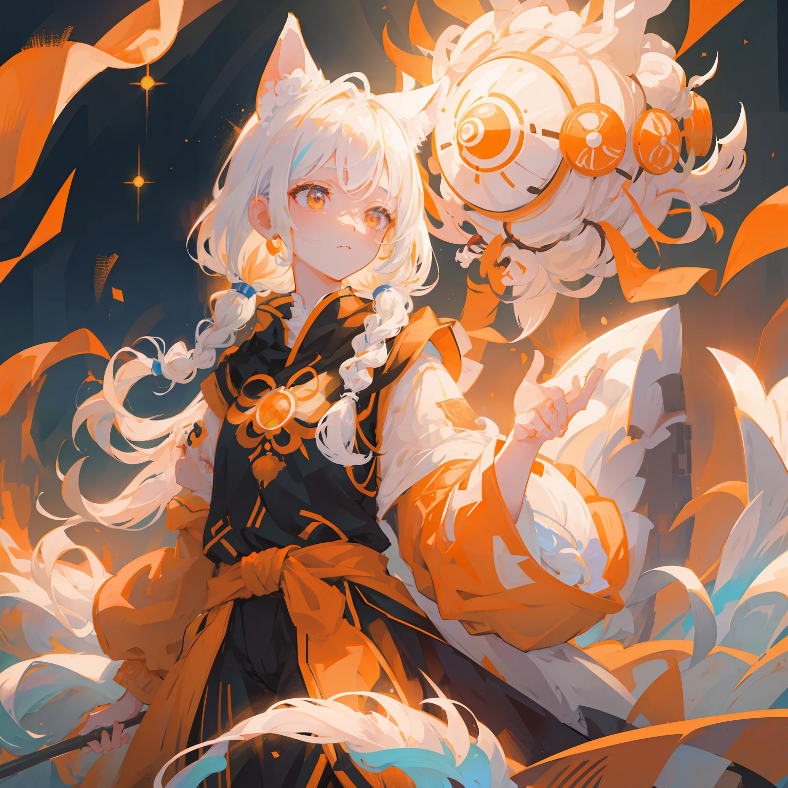 white  hair, Braiding, girl with, 独奏,​masterpiece,top-quality, Best Quality, the Extremely Detailed CG Unity 8K Wallpapers, Cinematic lighting, Lens Flare, Eyes in Beautiful Details, side glance, colorful light, Particle, portrait closeup,Orange eyes、White cat ears