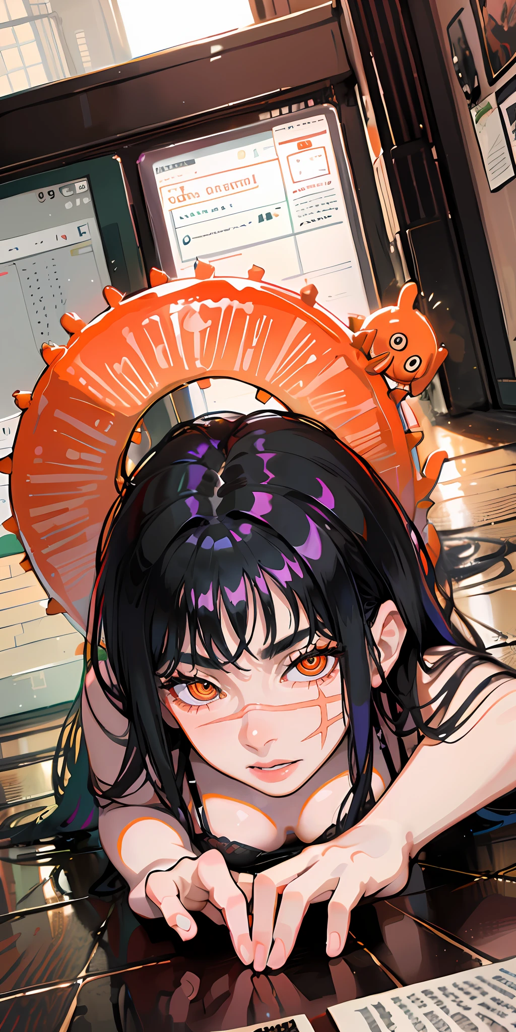 masterpiece, top quality, high resolution, solo, small, indoor, see-through, misaligned bra, side tie T-back, ((on all fours)) , from below, teasing, on floor, background: nighttime Tokyo , disheveled tight underwear, rough breath, panting, blush across nose and cheeks, sexual expression, yoru (chainsaw man) orange eyes (spiral eyes) cute curled feet, begging