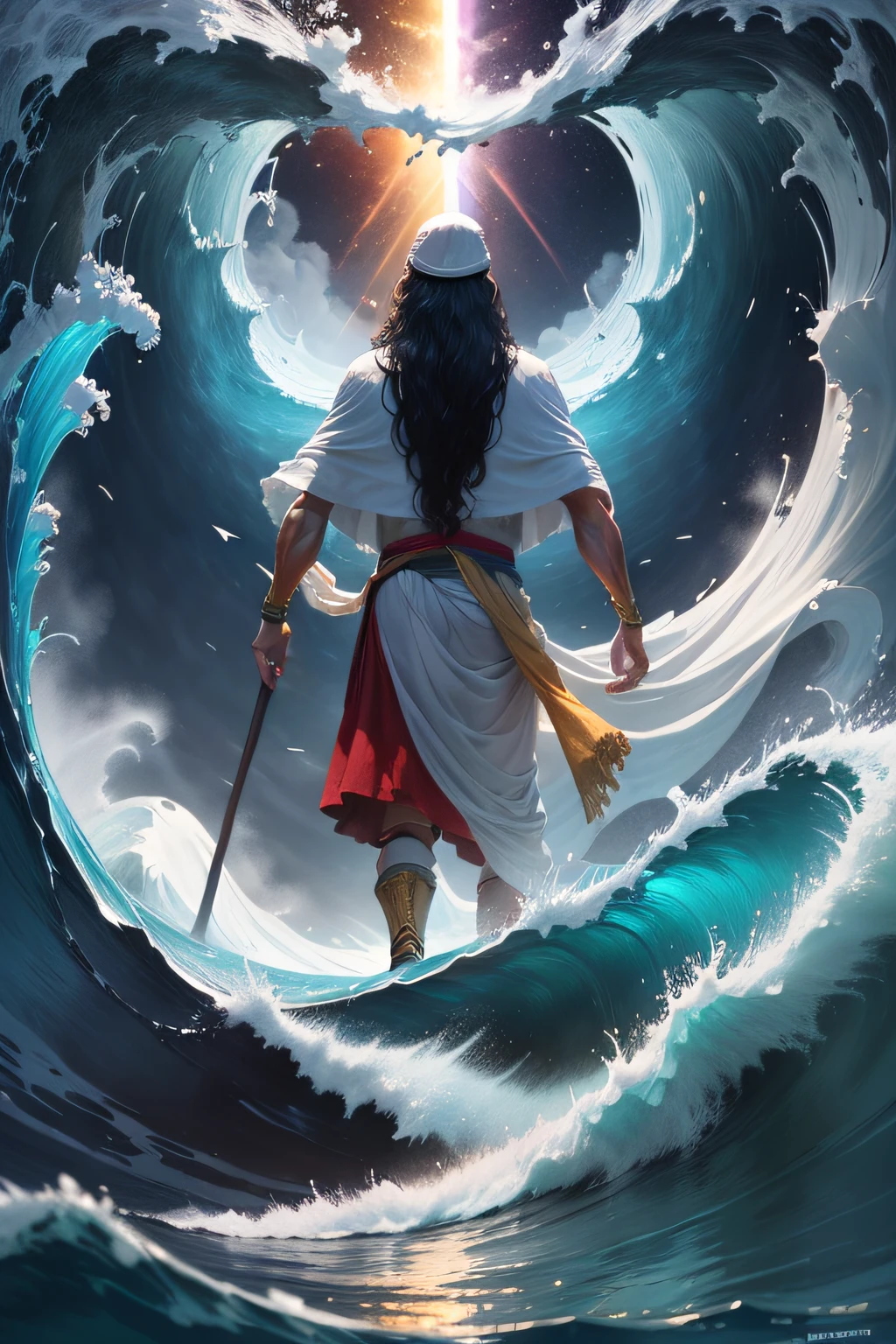 Moses from the back that separates the sea in two which creates a passage, He has the staff in his hand and a rainbow in the sky. He has his arms raised and on each side of him there are two big waves that he separates