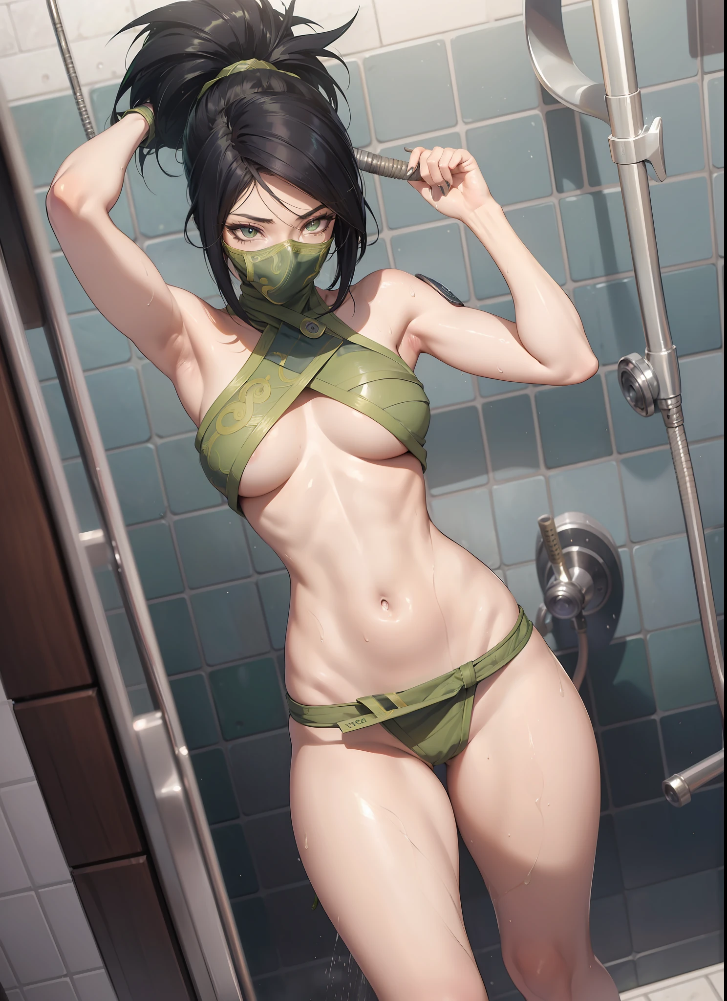 ((best quality)), (Highest image quality) (Detailed eye description) ((masterpiece)) (((akali)), 1girl, (((league of legends))), ((detailed: face)), ((ultra detailed: eyes)), solo, (((muscular))), navel, low camera angle, perfect anatomy, mask, wide hips, huge breasts, toned body, shredded, shiny skin, big thighs, skindentation, fullbody, steam, topless thick thighs, shower, bathing, naked, showering, long hair, ponytail, hipbone