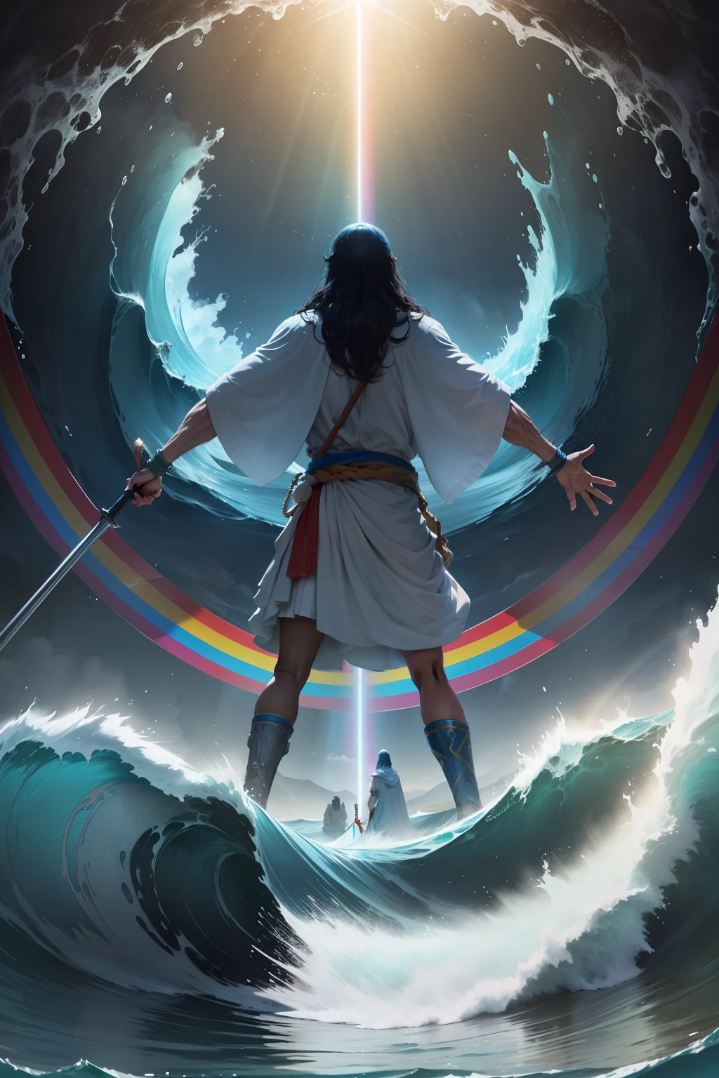 Moses from the back that separates the sea in two which creates a passage, He has the staff in his hand and a rainbow in the sky. He has his arms raised and on each side of him there are two big waves that he separates