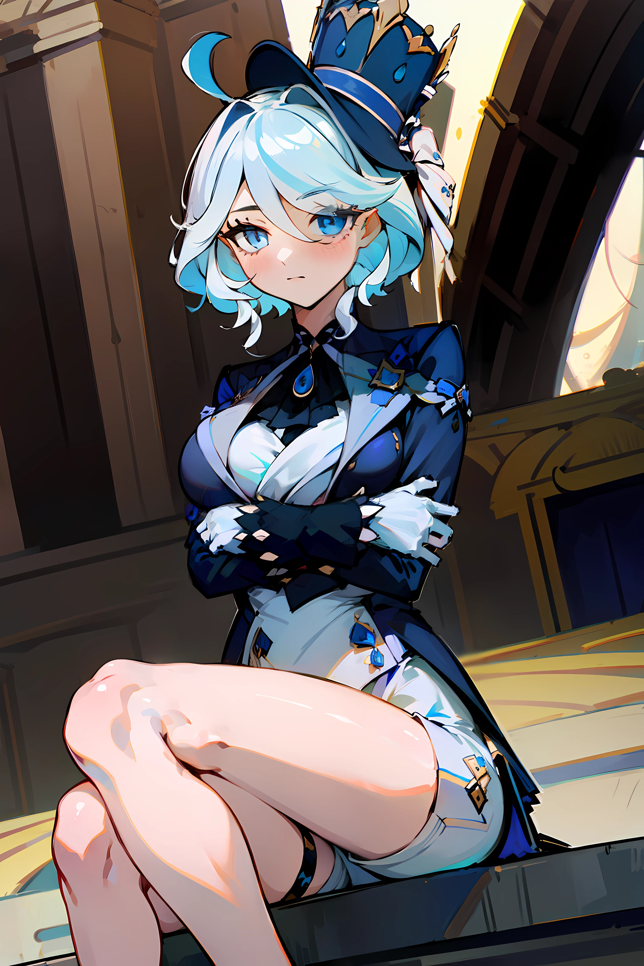 (masterpiece),best quality, expressive eyes, perfect face,w sitting, w sitting on ground, legs on ground, 1girl,
big breast, H-cup, good breast,Focalors, crossing arms,