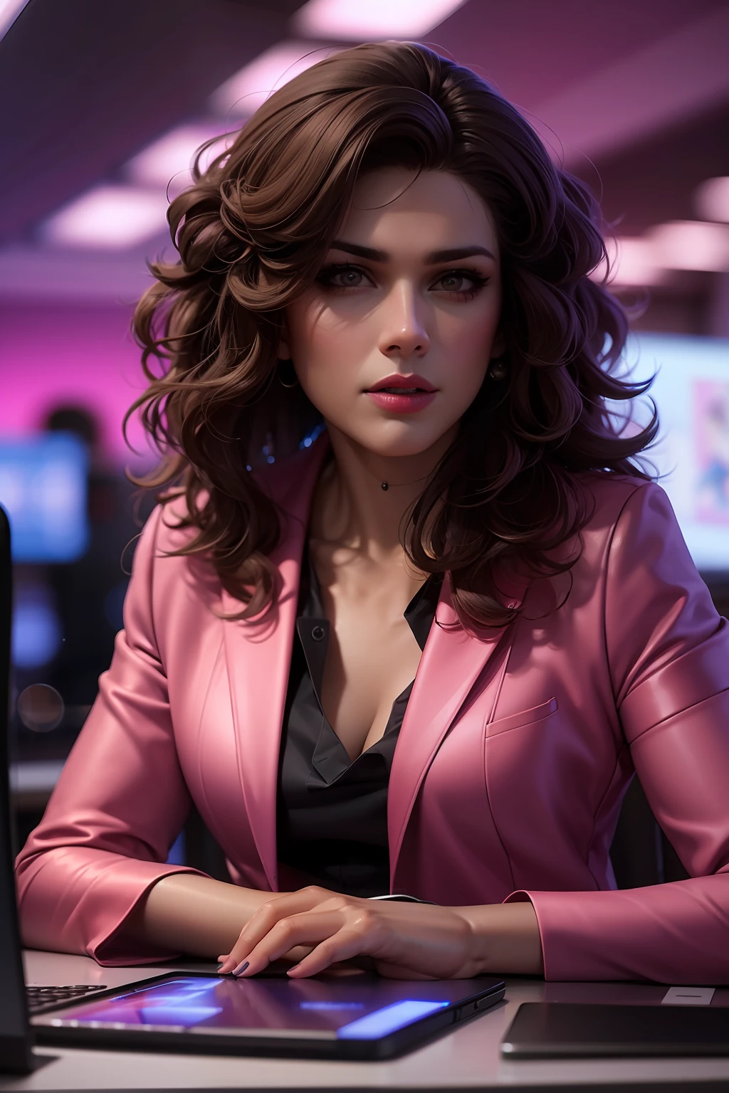 mulher arafed em uma jaqueta rosa sentada em uma mesa com um laptop, 8k portrait render, sensual 8K lighting, arte cyberpunk ultrarrealista 8k, foto retrato suave 8 k, Cinematic realistic portrait, barbara hammer 4 k, Judy Alvarez cyberpunk, photorealistic cinematic render, estilo de arte fotorrealista, cinematic bust portrait, semi-realistic rendering