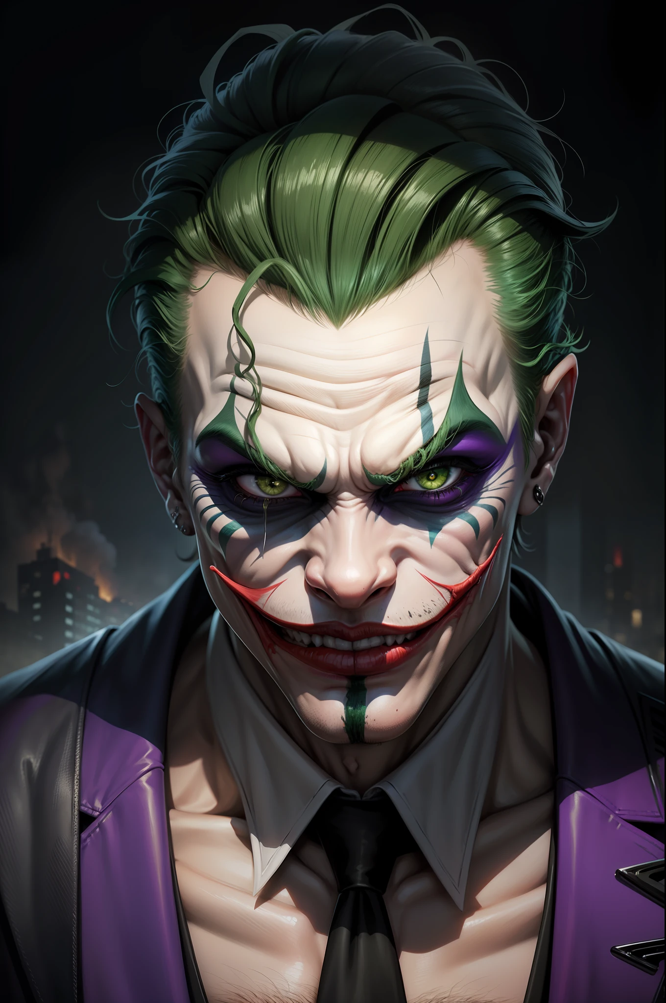 Coringa, joker, Realismo 4k, caricatura, com o rosto muito detalhado, fogo no fundo da cidade, caos, destruction, carros, terno verde,  rosto estilizado, Coringa grotesco