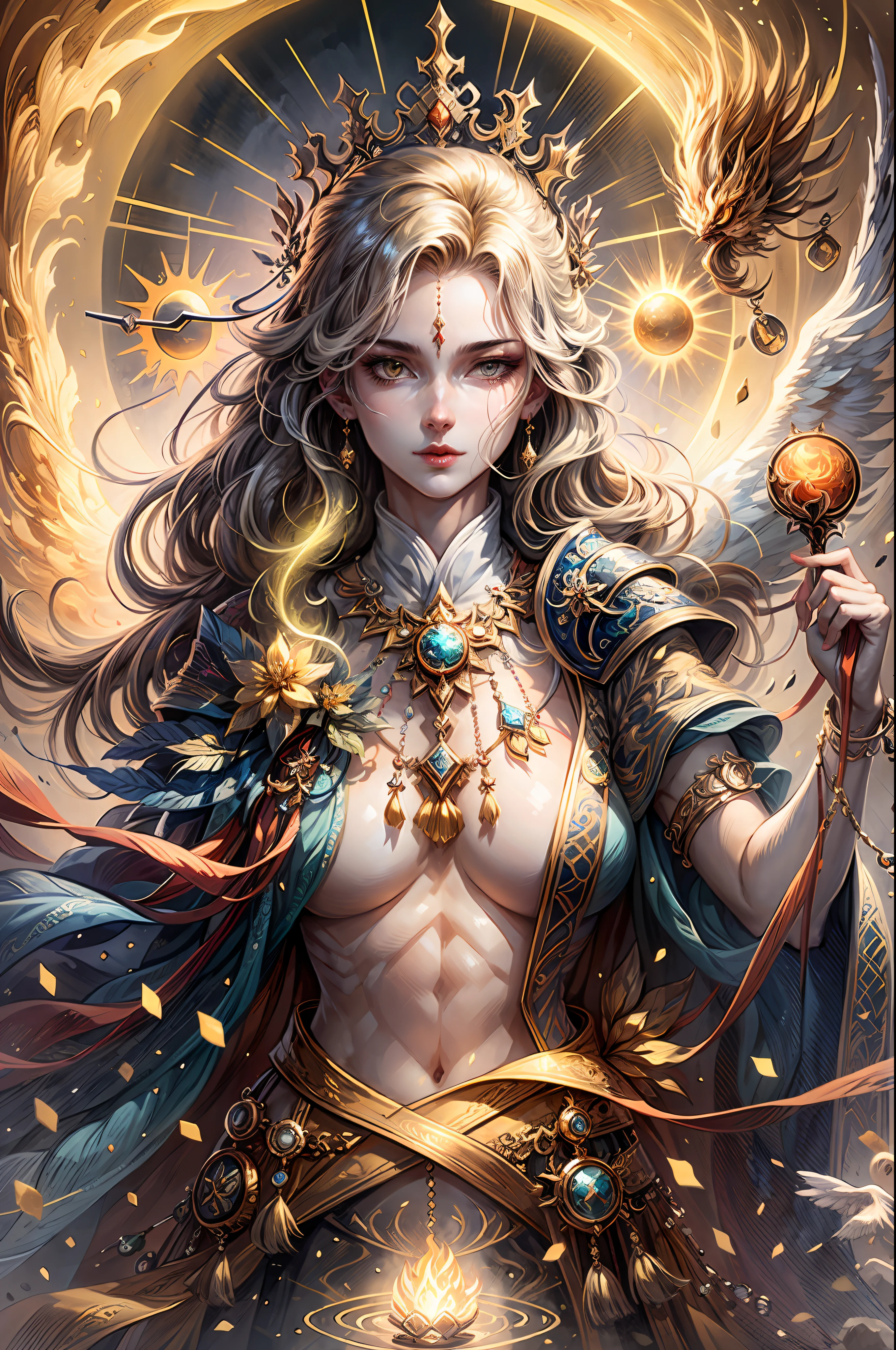 1girl, beautiful sun goddess, detailed eyes, detailed face, detailed skin,mature body, tall body,seductive body,medium big breast, medium thigh, BREAK desert and pyramid backgrounds, holding only one holy sun scepter, phoenix dragon in sky, highly saturating sunbeams, holy ceremony, angelic halo, golden and orange spark dazzling around, holy magic circle, golden crown , golden majical lightning, best quality, masterpiece, trending on Art station,BREAK,Detailed,Realistic,4k highly detailed digital art,octane render, bioluminescent, BREAK 8K resolution concept art, realism,by Mappa studios,masterpiece,best quality,official art,illustration,ligne claire,(cool_color),perfect composition,absurdres, fantasy,focused,