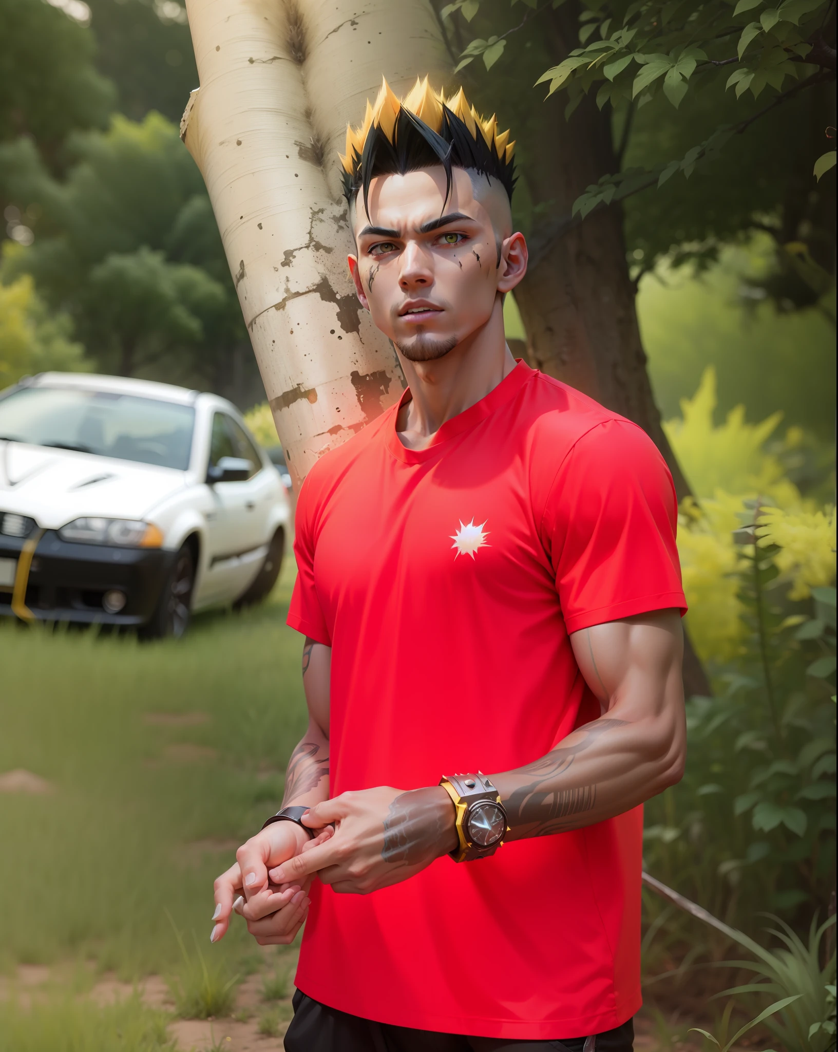 8k image super saiyan black light spiky yellow hair with yellow aura and explosions
