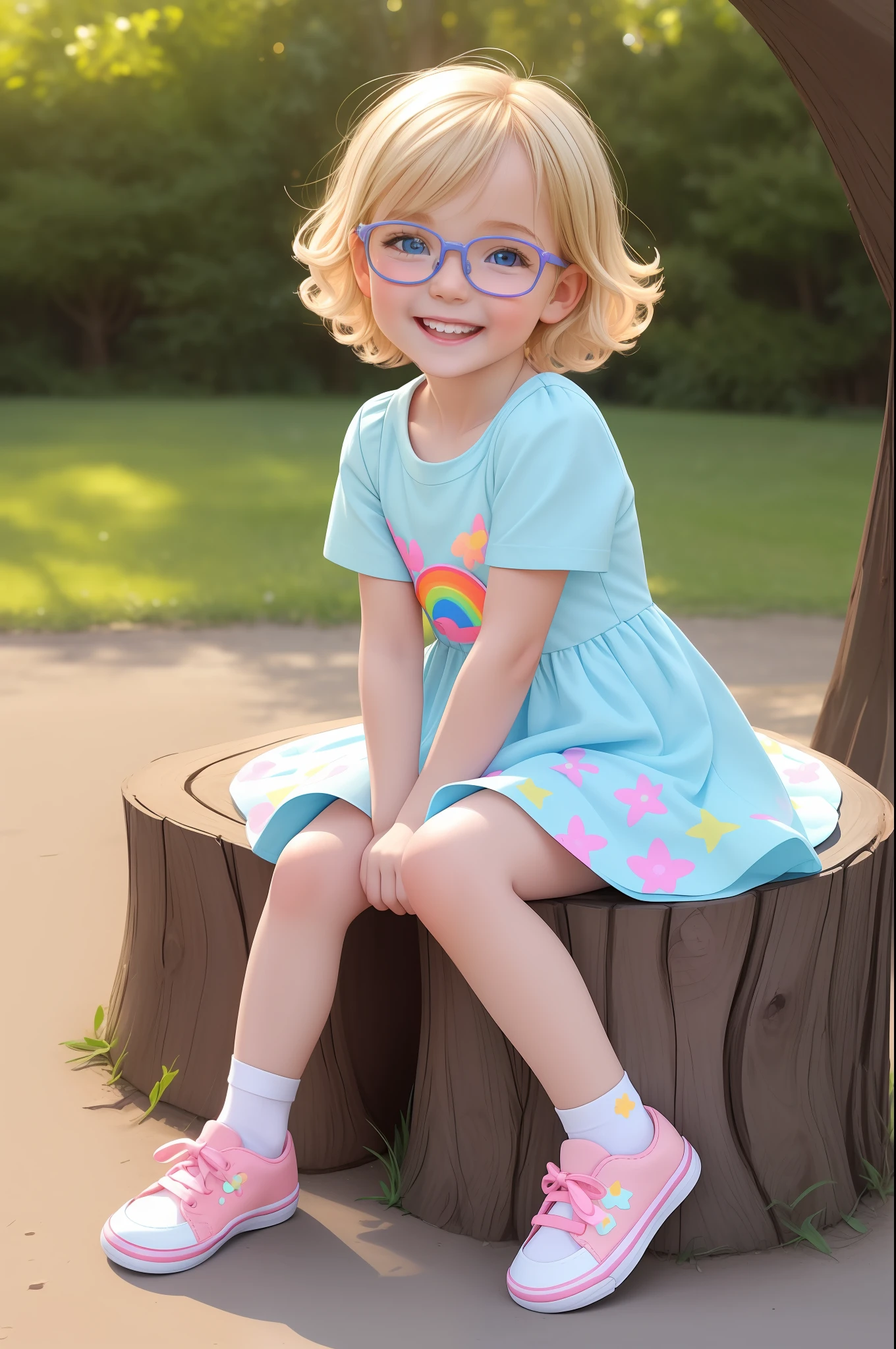 best quality, ultra high res, detailed face, realistic face, RAW photo, a park, sitting on tree stump, british boyl, ********** 3 years old, cute rounded face, smile, blonde hair:1.1, detailed hair, short striaght hair, blue shoes, odd socks, baby shoes, tshirt with smiley face, summer_shorts, simple shorts, cute baby clothes, rainbow tshirt, (cheerful, energetic, happy:1.4), blue eyes, best quality, ultra high res, detailed face, realistic face, RAW photo, a park, standing, british girl, *********** 10 years old, cute rounded face, rounded pink glasses, smile, light blonde hair:1.1, detailed hair, short curly hair, shoes, baby shoes, dress, summer_dress, simple dress, light bright dress, cute baby dress, floral dress, (cheerful, energetic, happy:1.4), blue eyes, hair small clip with pink and yellow flower,